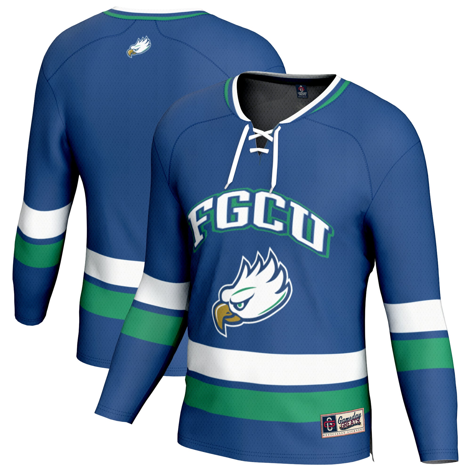 Florida Gulf Coast Eagles Hockey Jersey Blue - front and back view