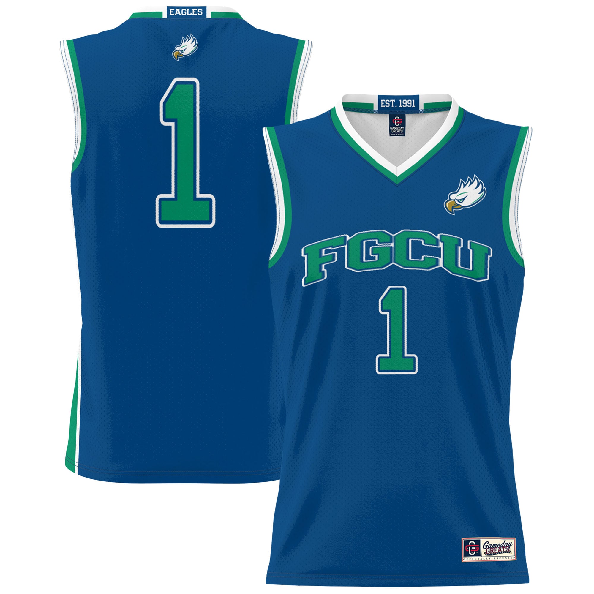 #1 Florida Gulf Coast Eagles Lightweight Basketball Jersey Blue - front and back view