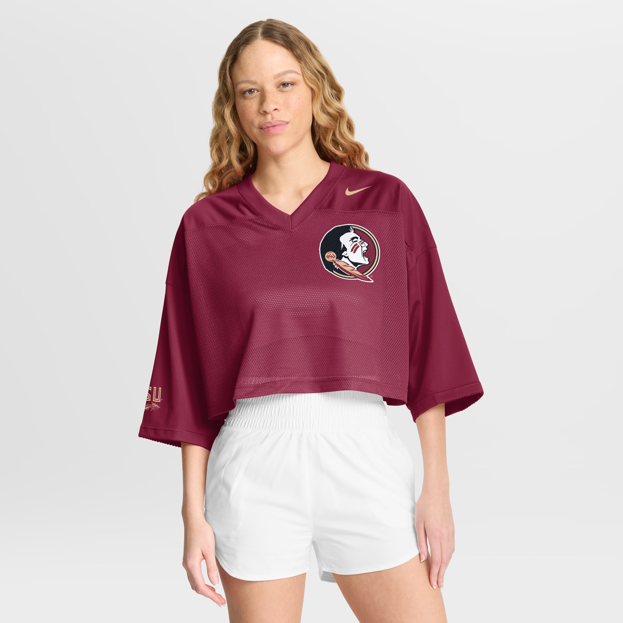 Florida State Seminoles Women's Cropped Mesh Fashion Jersey Garnet - front and back view