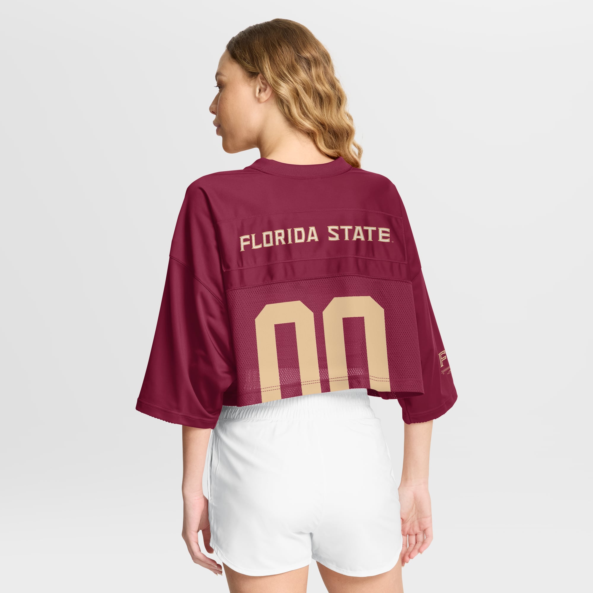 Florida State Seminoles Women's Cropped Mesh Fashion Jersey Garnet - model back view