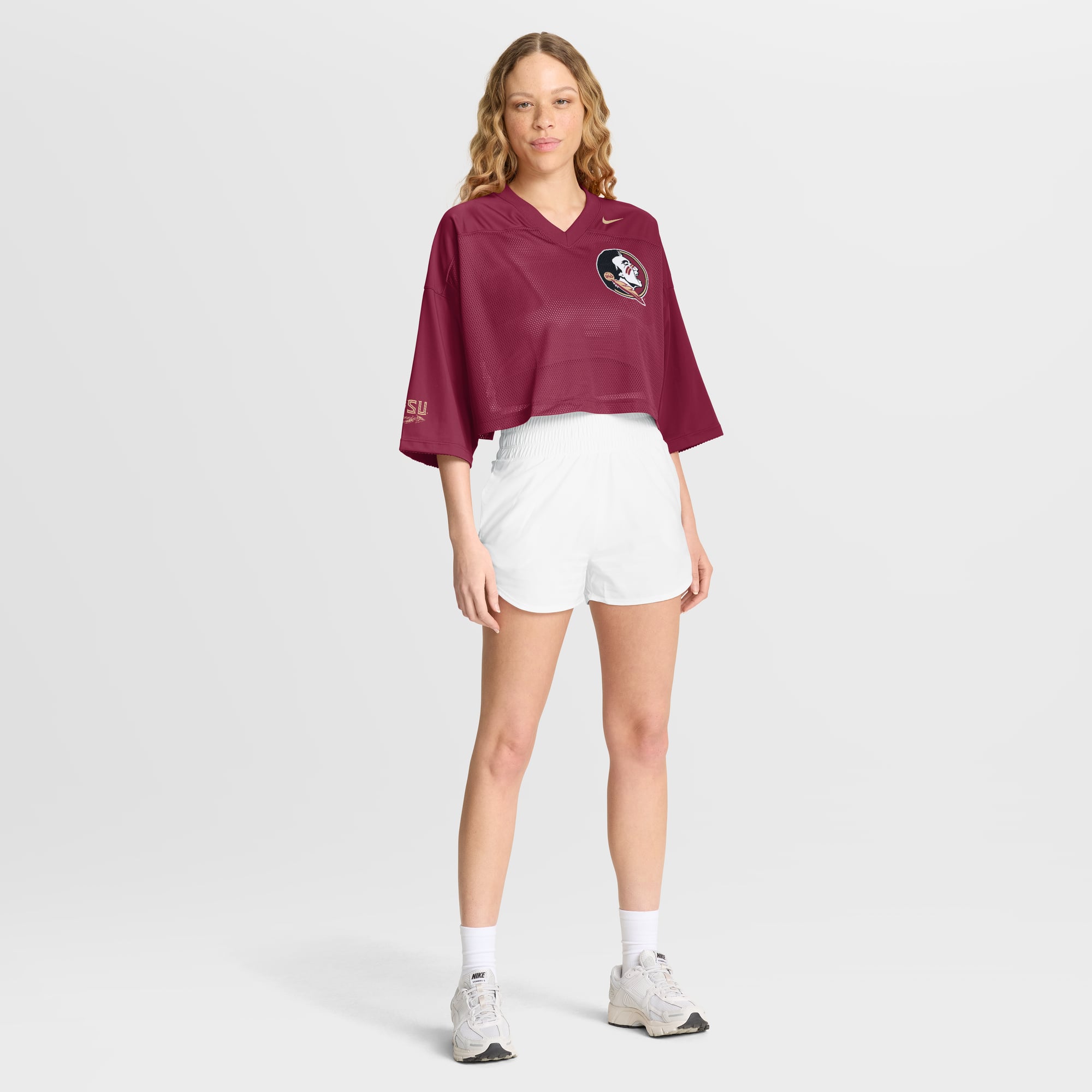 Florida State Seminoles Women's Cropped Mesh Fashion Jersey Garnet - model side view