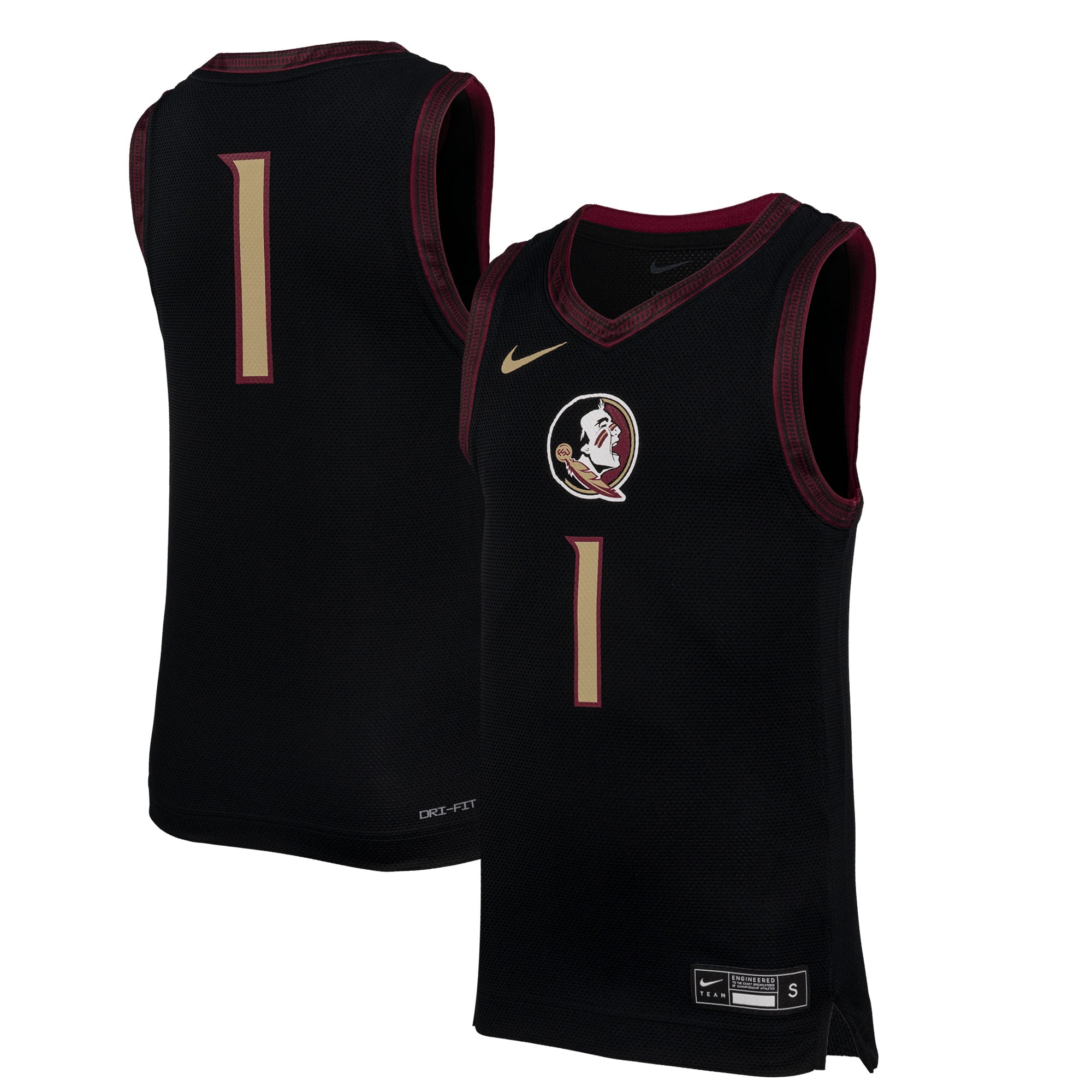 #1 Florida State Seminoles Youth Basketball Jersey Black - front and back view