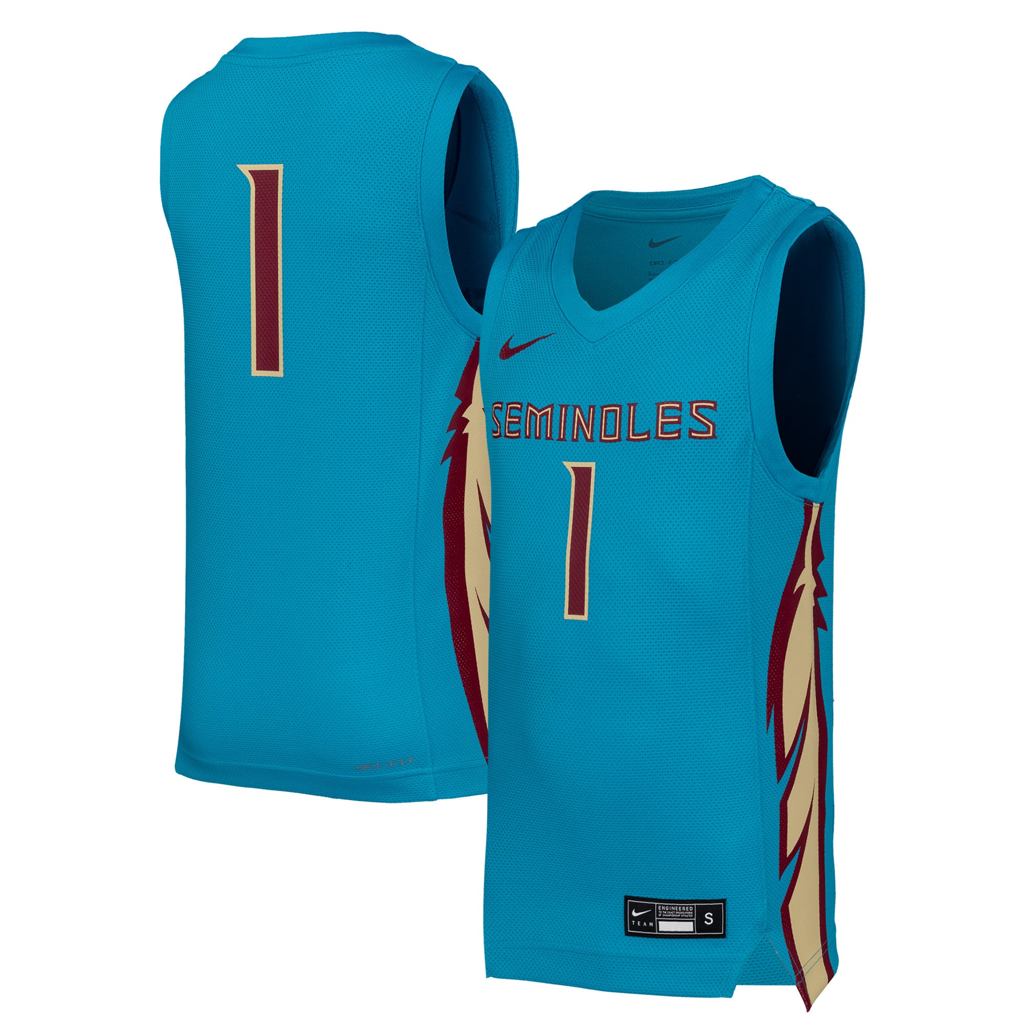 #1 Florida State Seminoles Youth Basketball Jersey Turquoise - front and back view