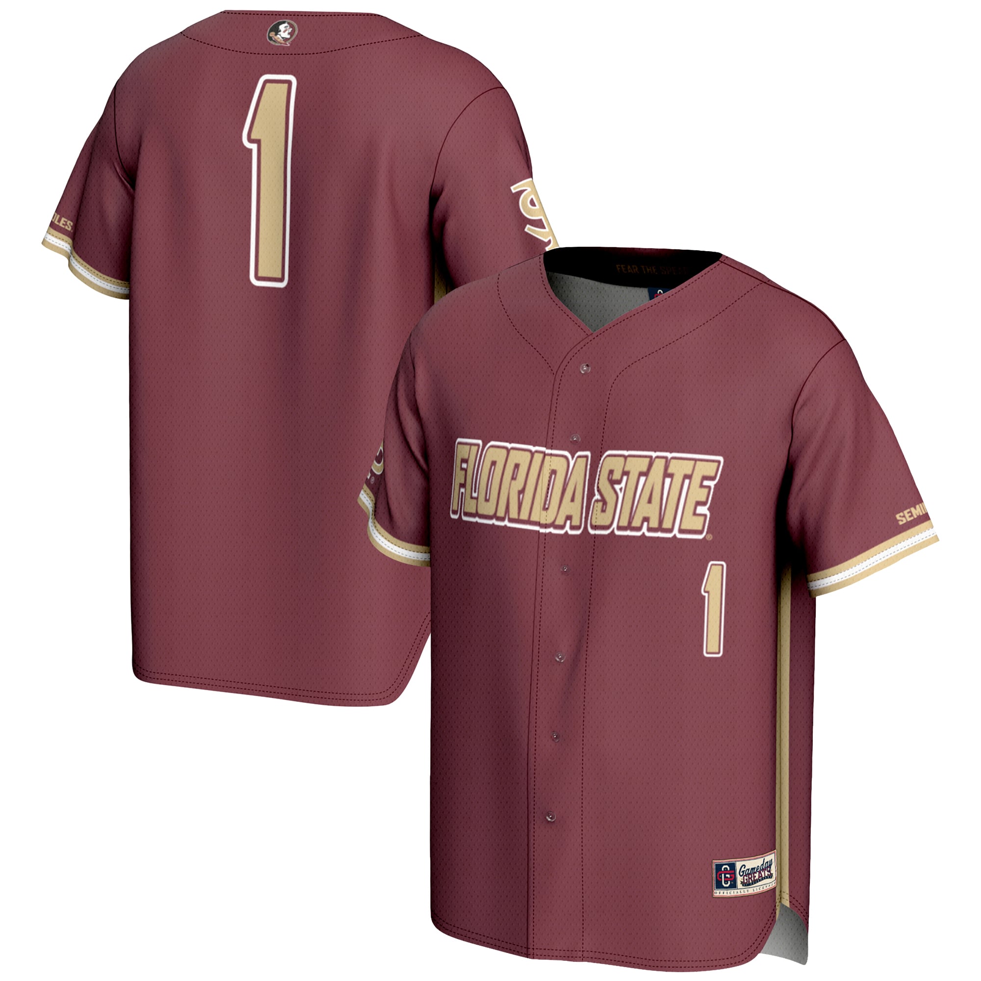 #1 Florida State Seminoles Youth Lightweight Baseball Jersey Garnet - front and back view