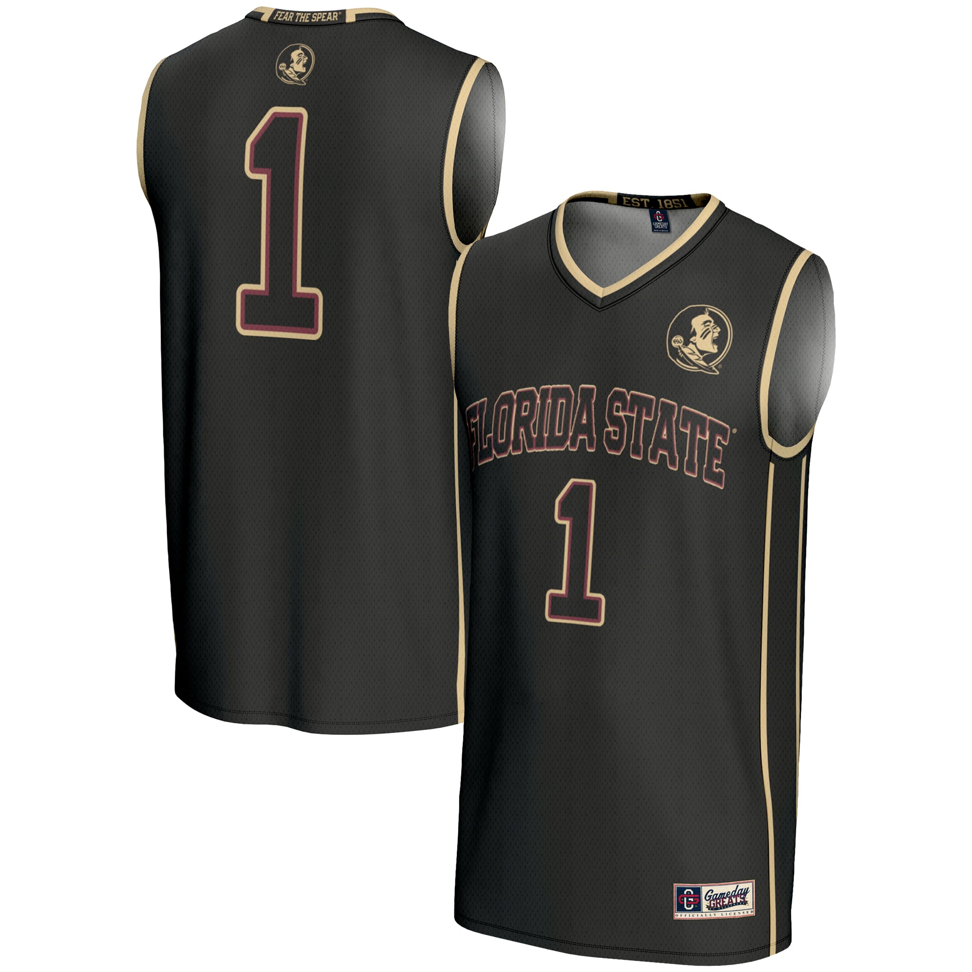 #1 Florida State Seminoles Youth Lightweight Basketball Jersey Black - front and back view
