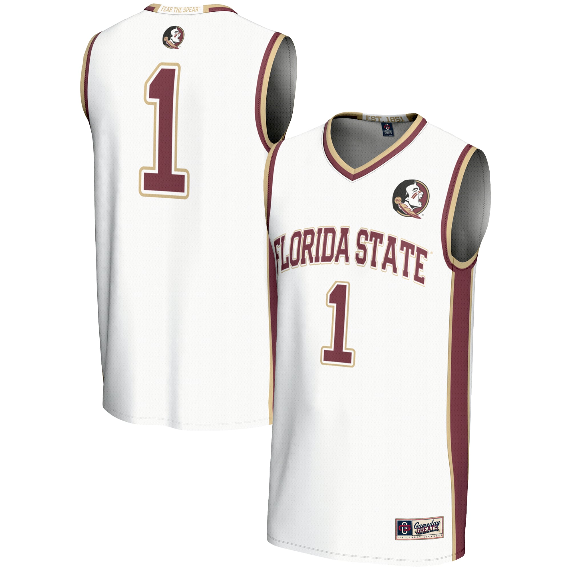 #1 Florida State Seminoles Youth Lightweight Basketball Jersey White - front and back view
