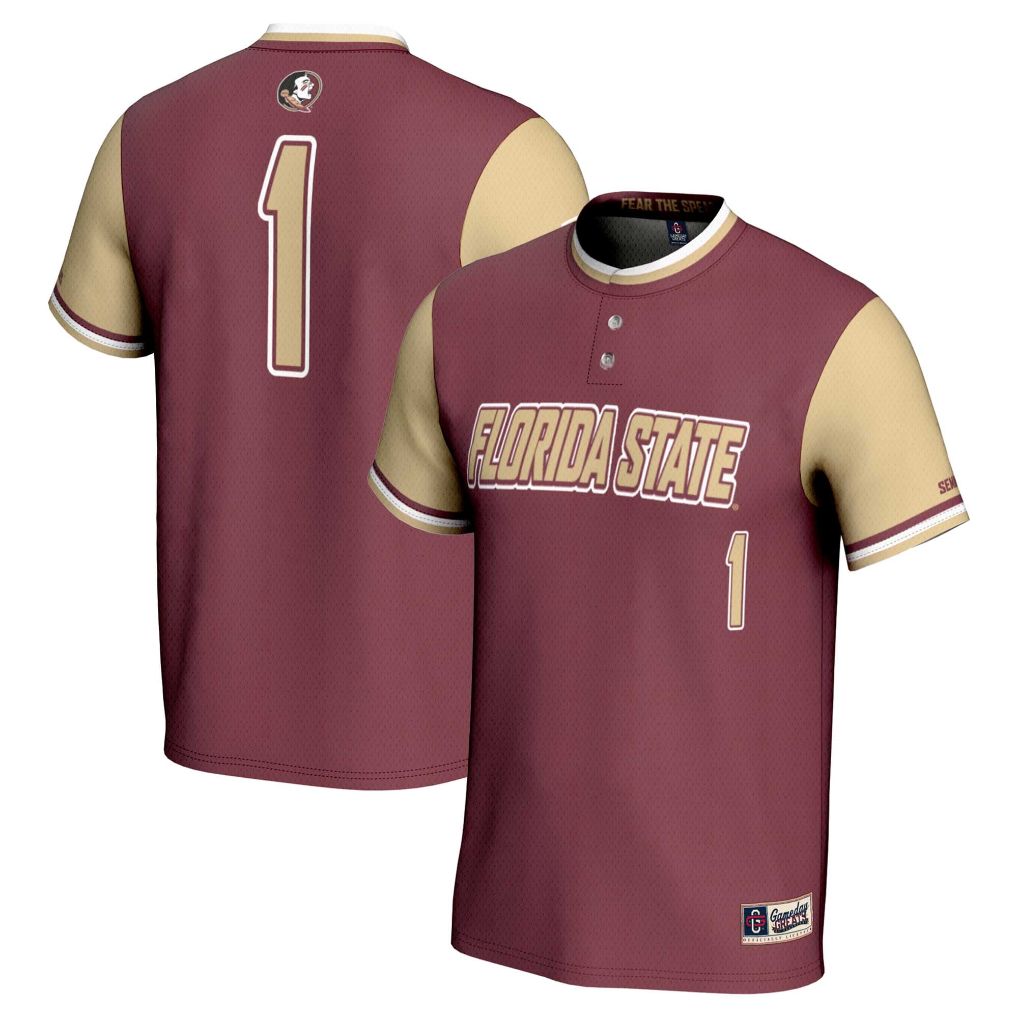 #1 Florida State Seminoles Youth Lightweight Softball Jersey Garnet - front and back view