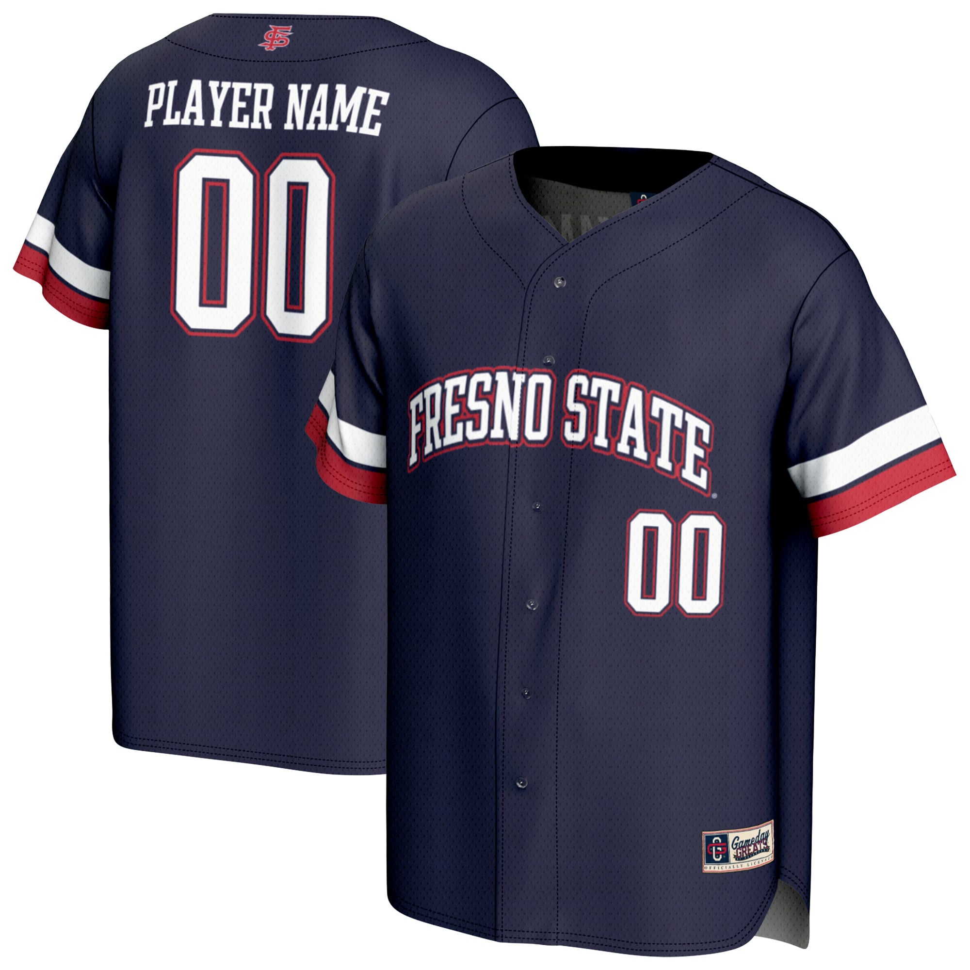 Fresno State Bulldogs Unisex Lightweight Baseball Jersey Navy - front and back view