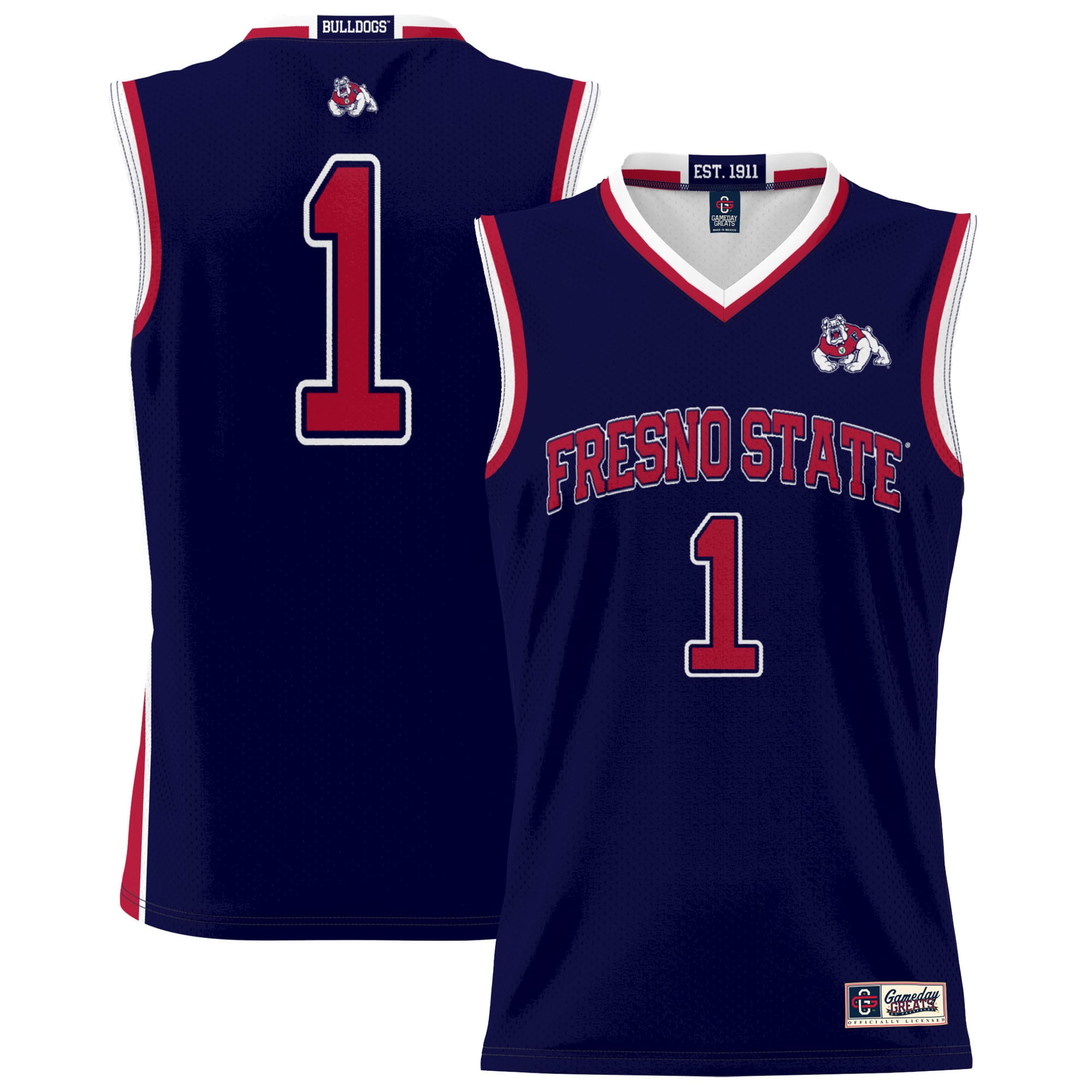 #1 Fresno State Bulldogs Unisex Lightweight Basketball Jersey Navy - front and back view