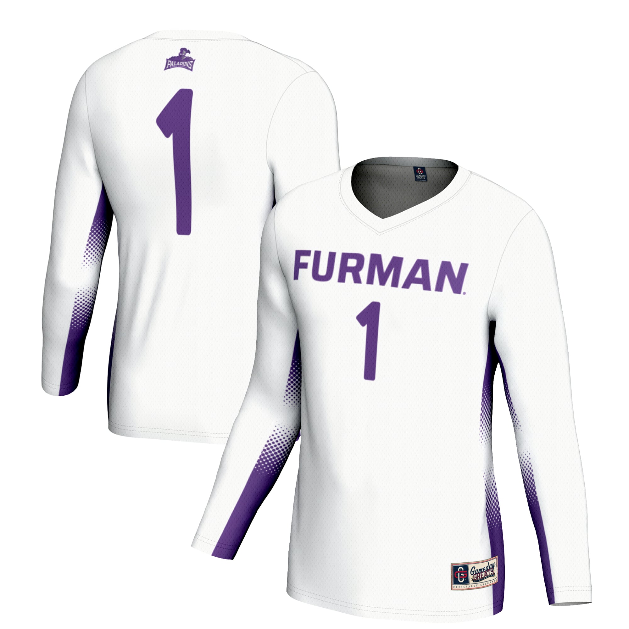 #1 Furman Paladins Unisex Lightweight Volleyball Jersey White - front and back view