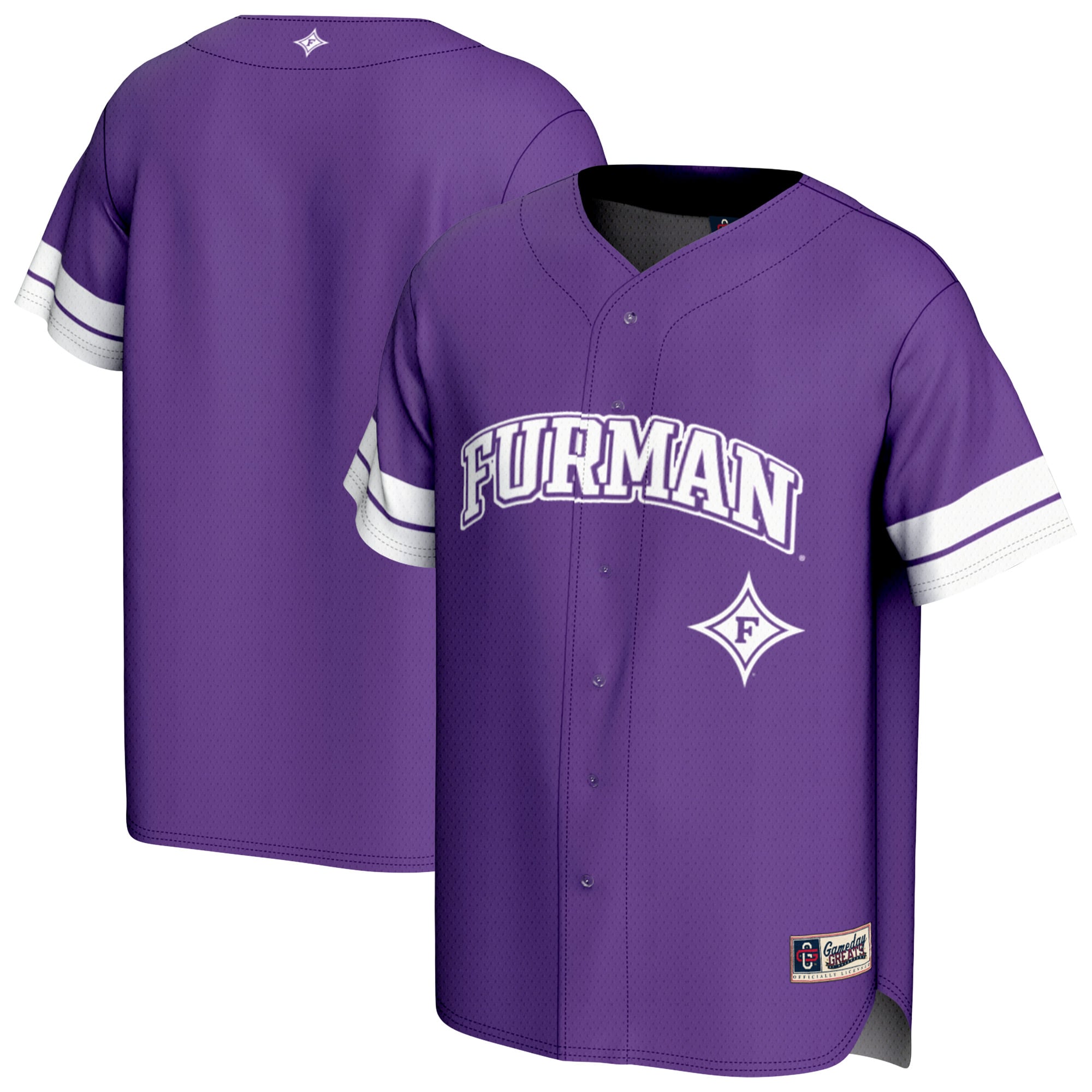 Furman Paladins Unisex Spirit Baseball Jersey Purple - front and back view