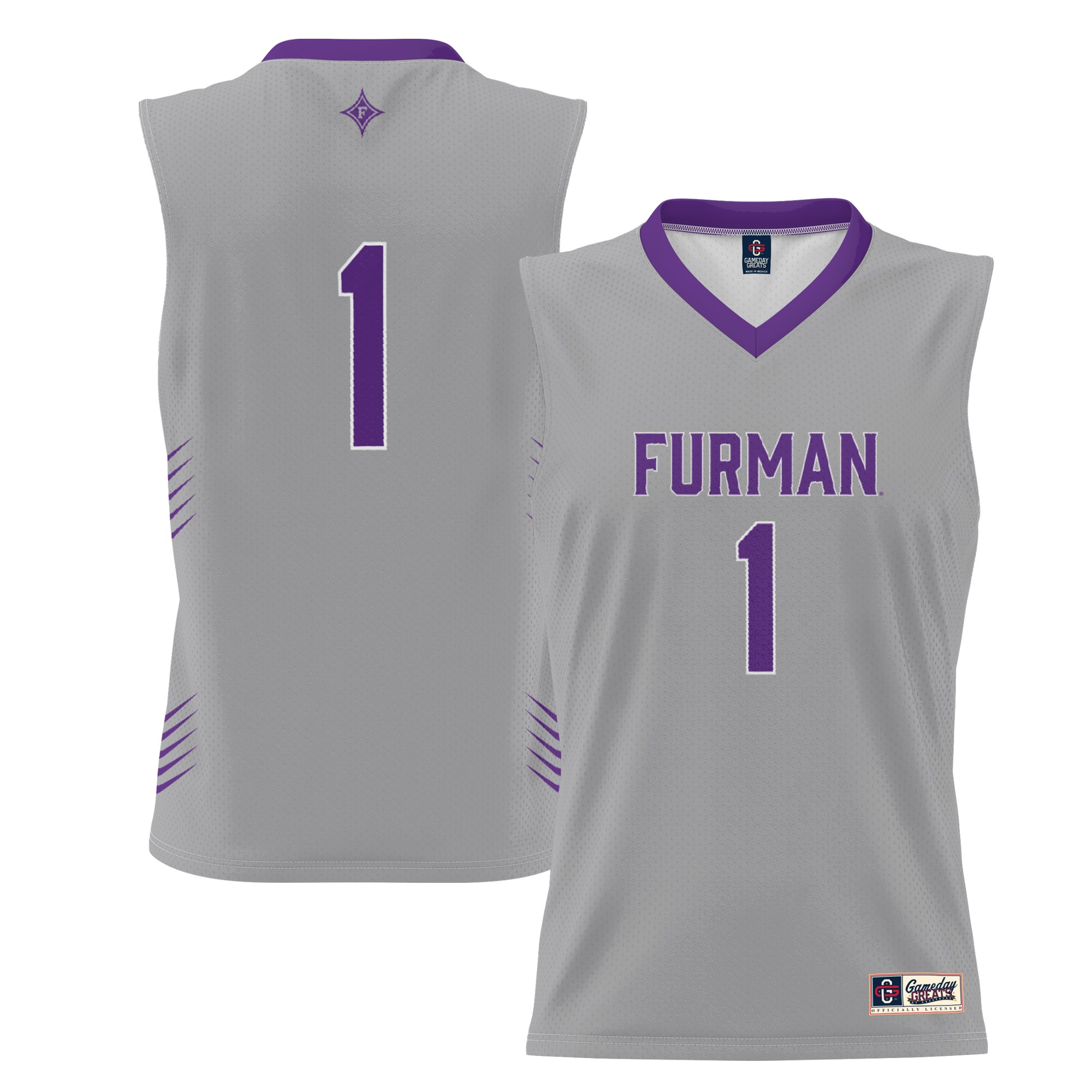 #1 Furman Paladins Youth Lightweight Basketball Jersey Gray - front and back view