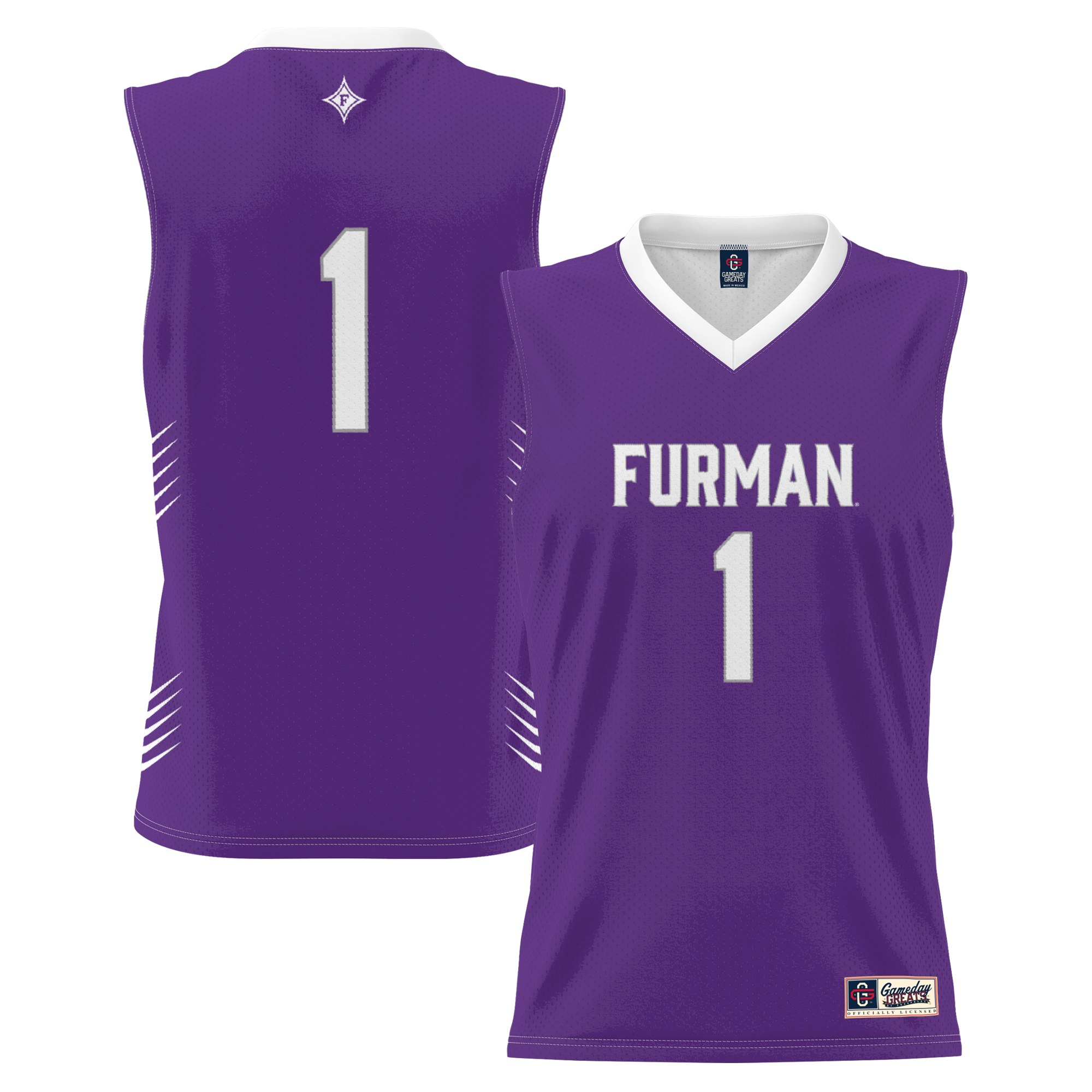 #1 Furman Paladins Youth Lightweight Basketball Jersey Purple - front and back view