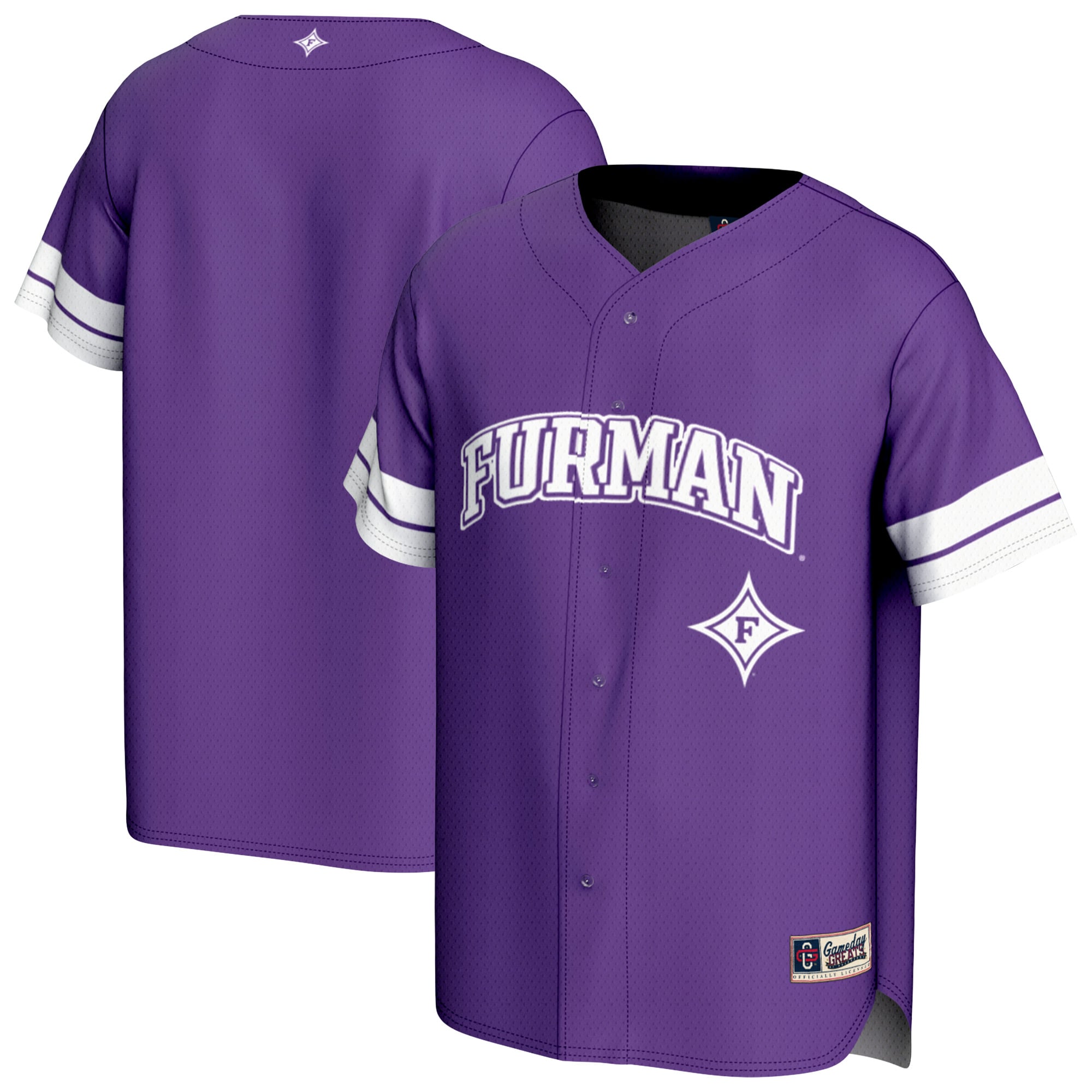 Furman Paladins Youth Spirit Baseball Jersey Purple - front and back view