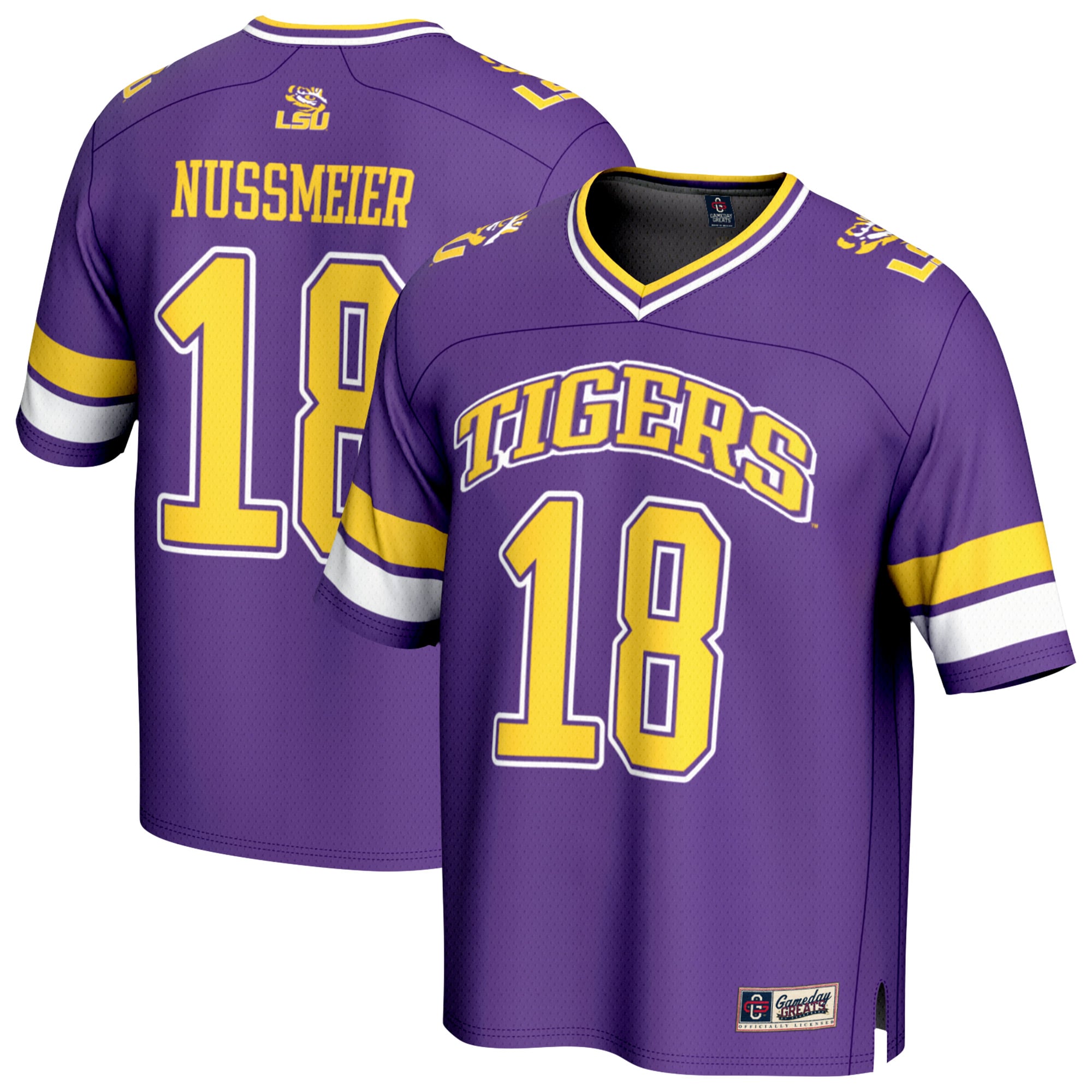 Garrett Nussmeier LSU Tigers Unisex Lightweight Football Player Jersey Purple - front and back view