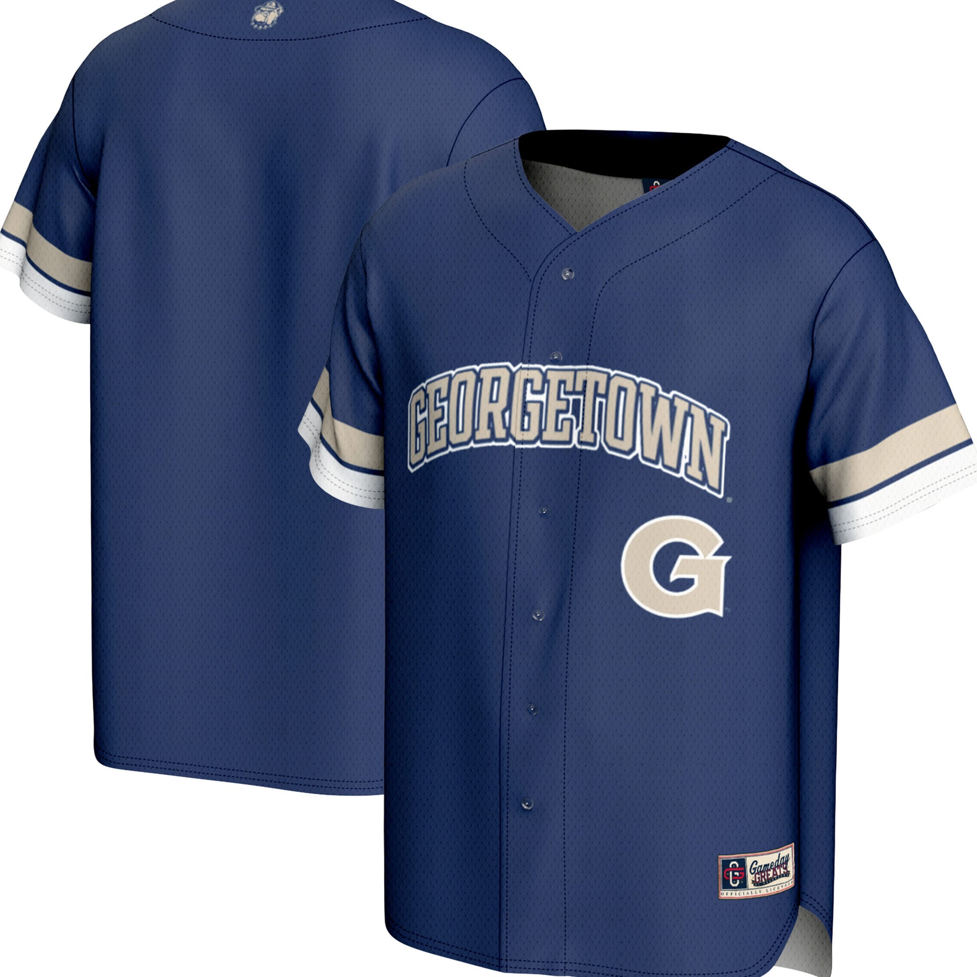 Georgetown Hoyas Spirit Baseball Jersey Navy - front and back view