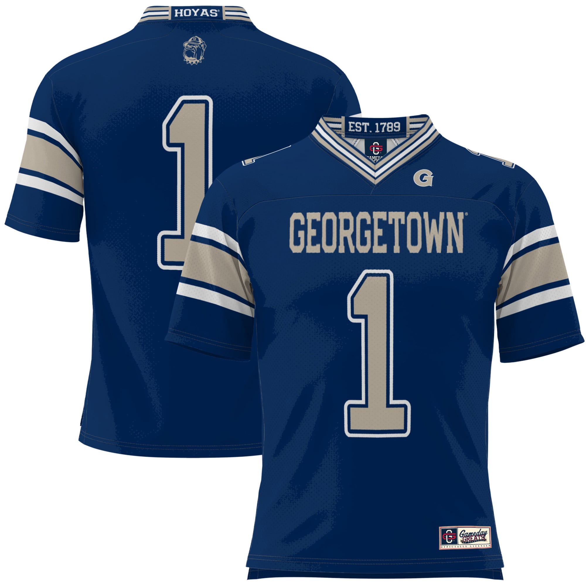 #1 Georgetown Hoyas Youth Football Jersey Navy - front and back view