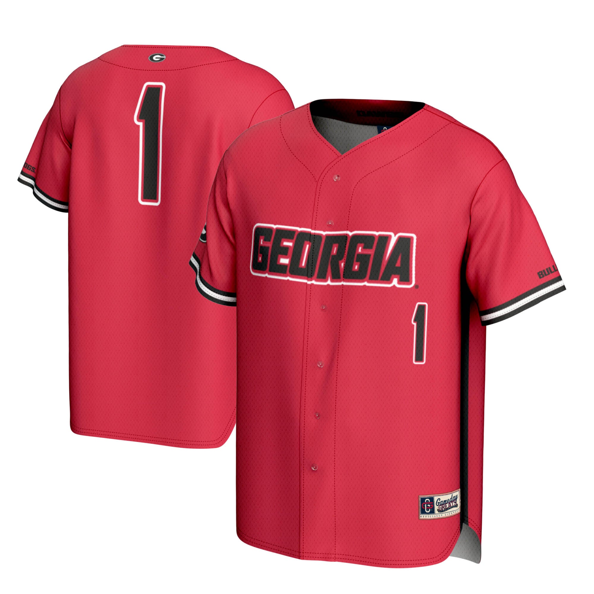 #1 Georgia Bulldogs Youth Lightweight Baseball Jersey Red - front and back view