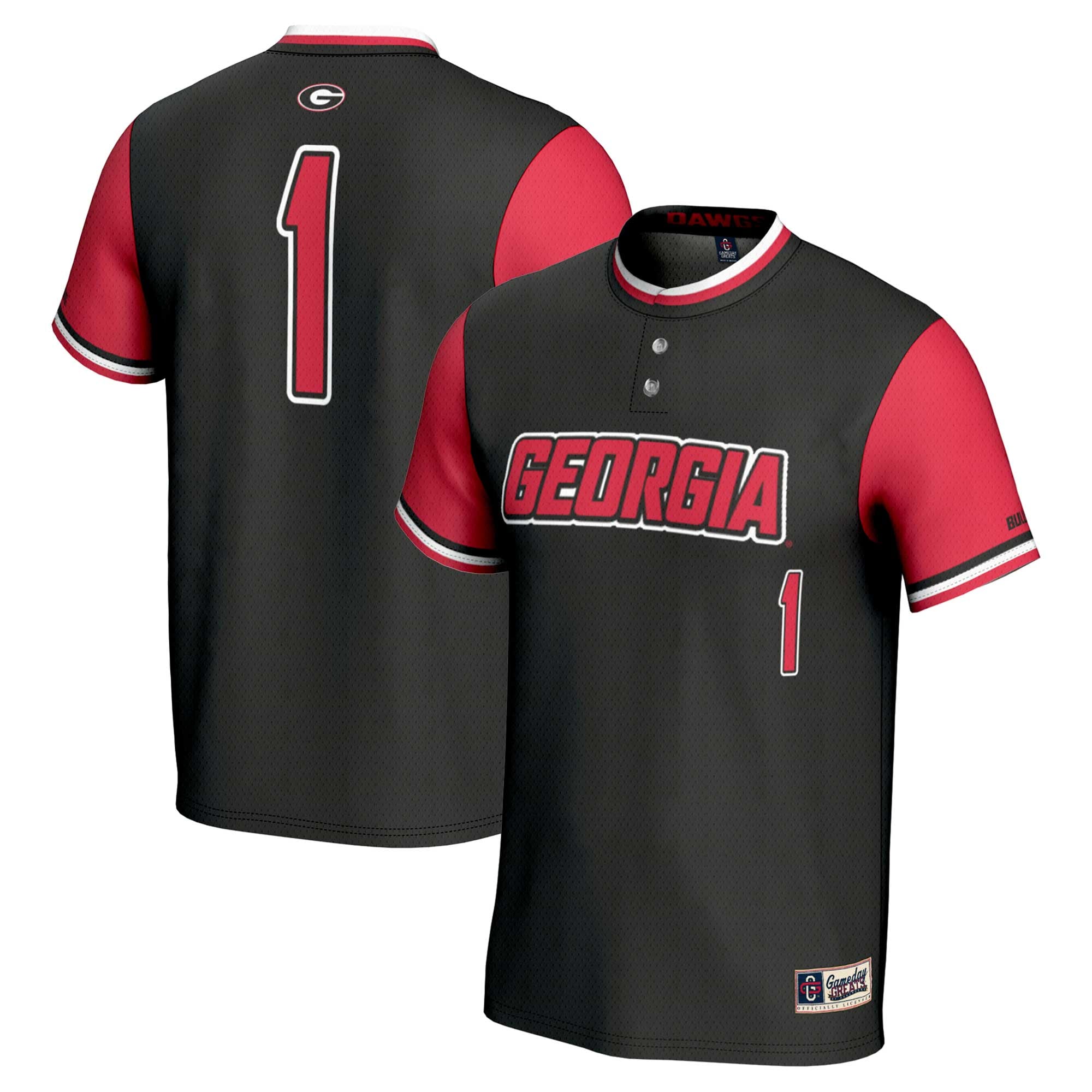 #1 Georgia Bulldogs Youth Lightweight Softball Jersey Black - front and back view