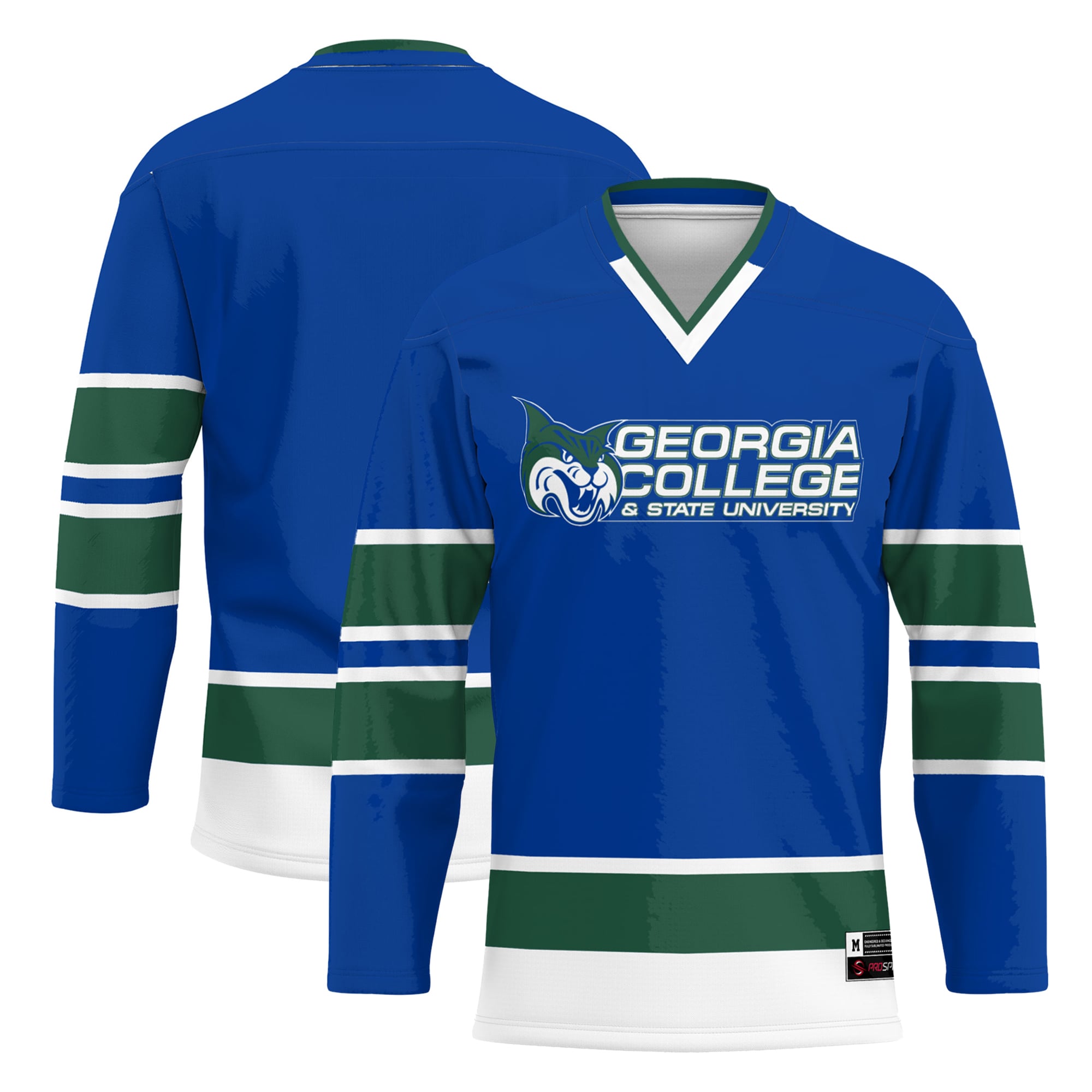 Georgia College Bobcats Youth Hockey Jersey Blue - front and back view