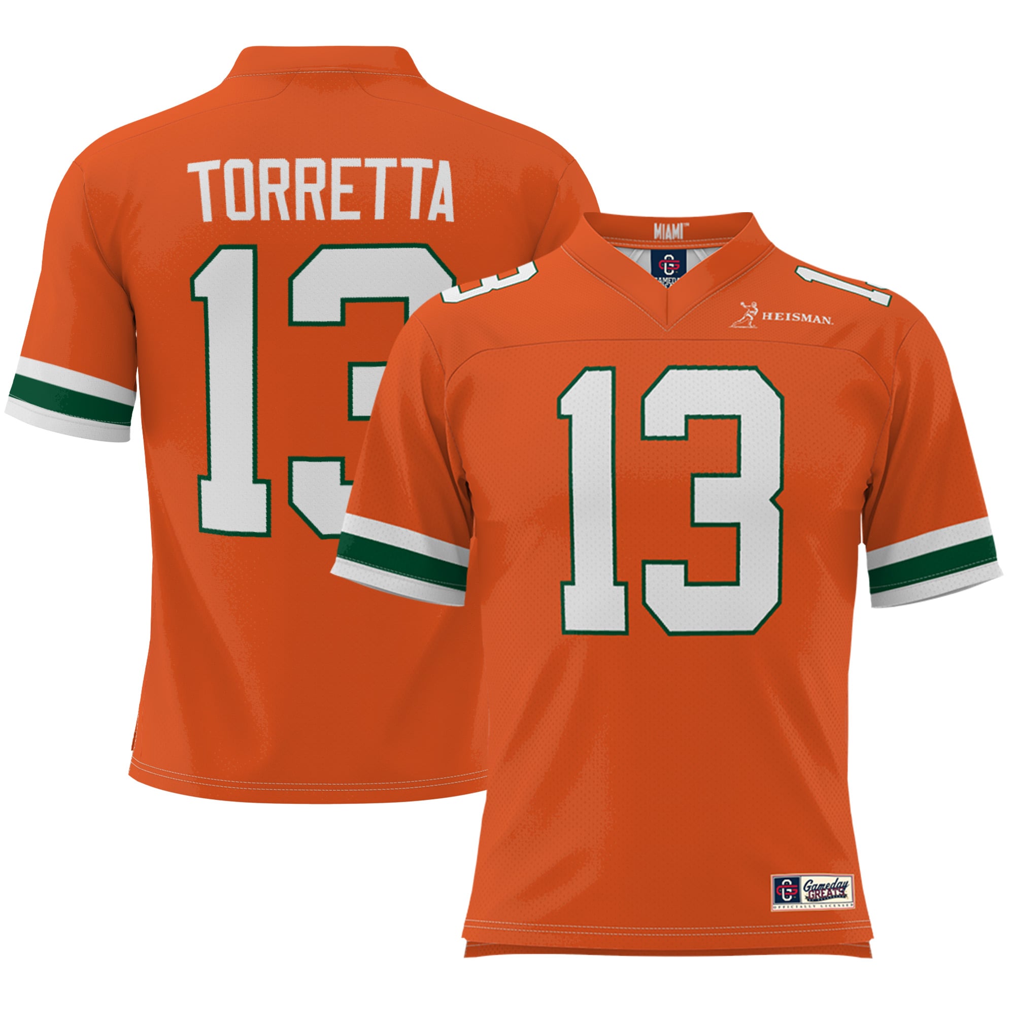 Gino Torretta Miami Hurricanes Heisman Football Jersey Orange - front and back view