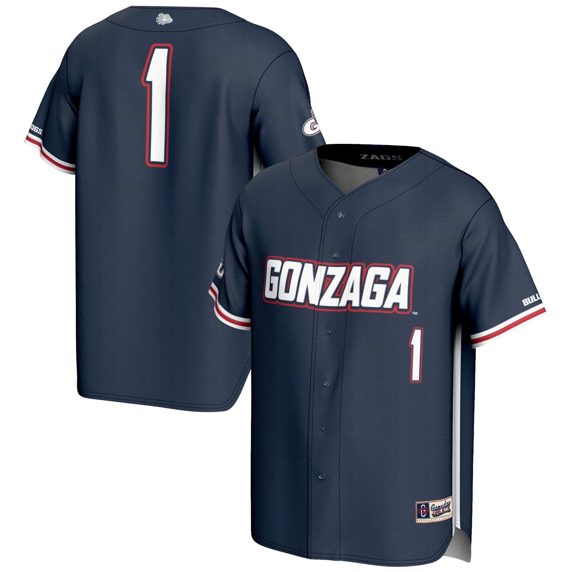 #1 Gonzaga Bulldogs Lightweight Baseball Jersey Navy - front and back view