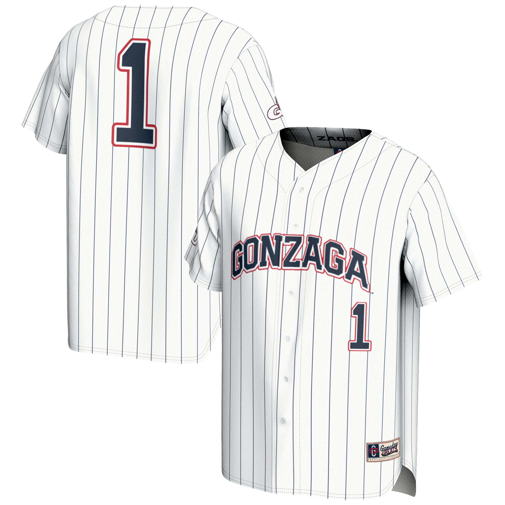 #1 Gonzaga Bulldogs Lightweight Baseball Jersey White - front and back view