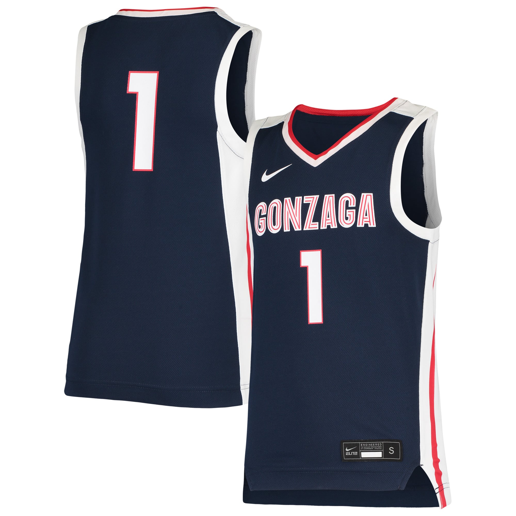 #1 Gonzaga Bulldogs Youth Team Basketball Jersey Navy - front and back view