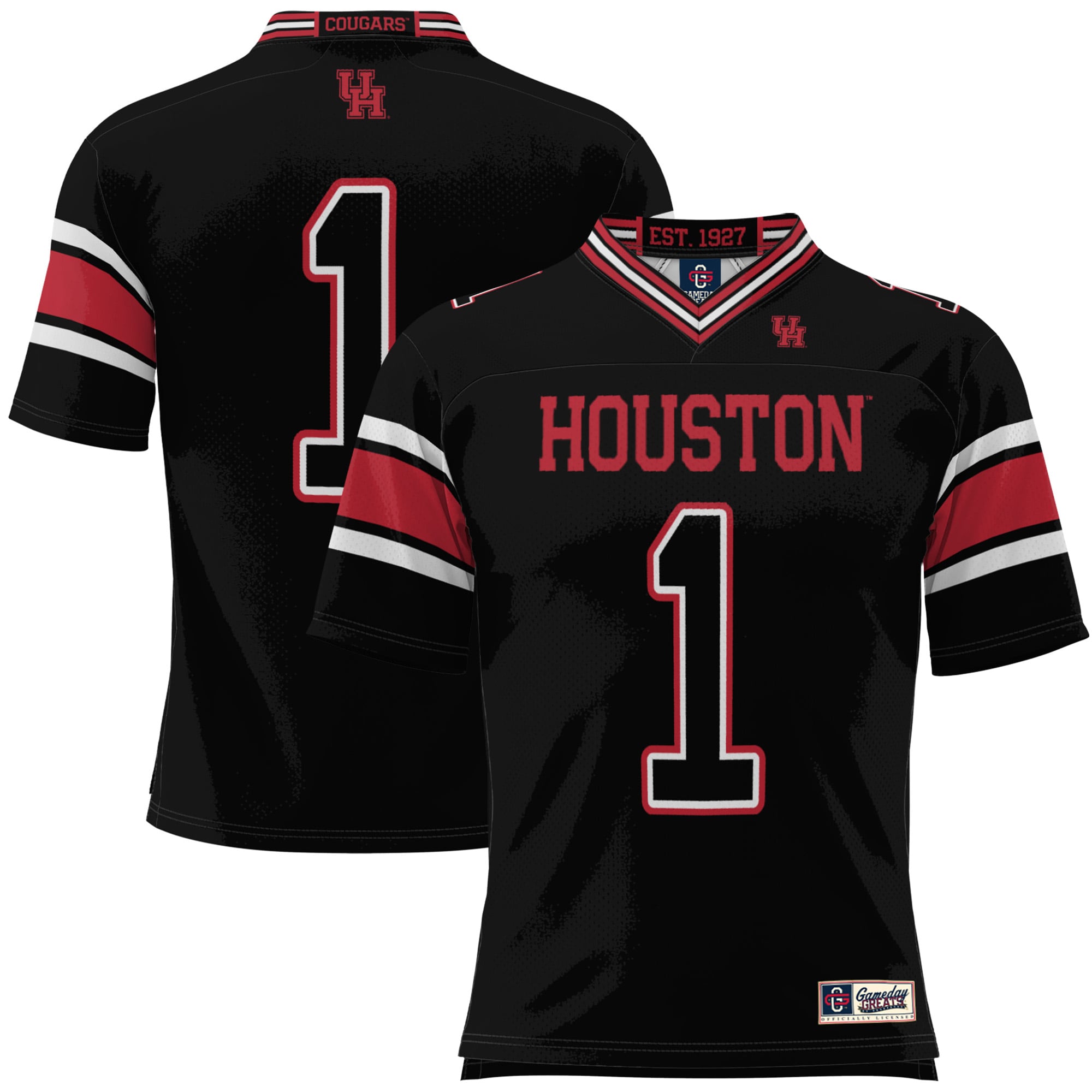 #1 Houston Cougars Youth Football Jersey Black - front and back view