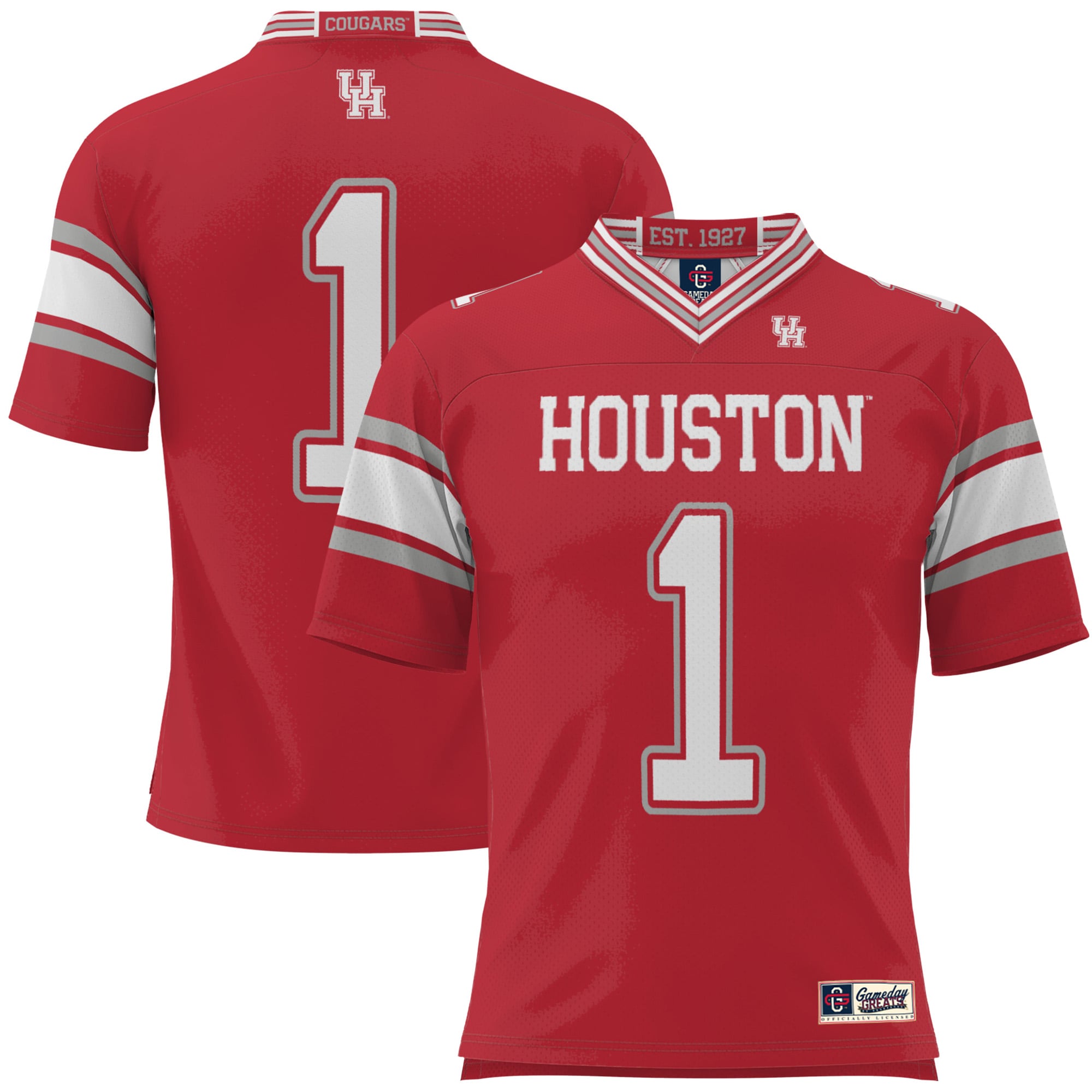 #1 Houston Cougars Youth Football Jersey Red - front and back view