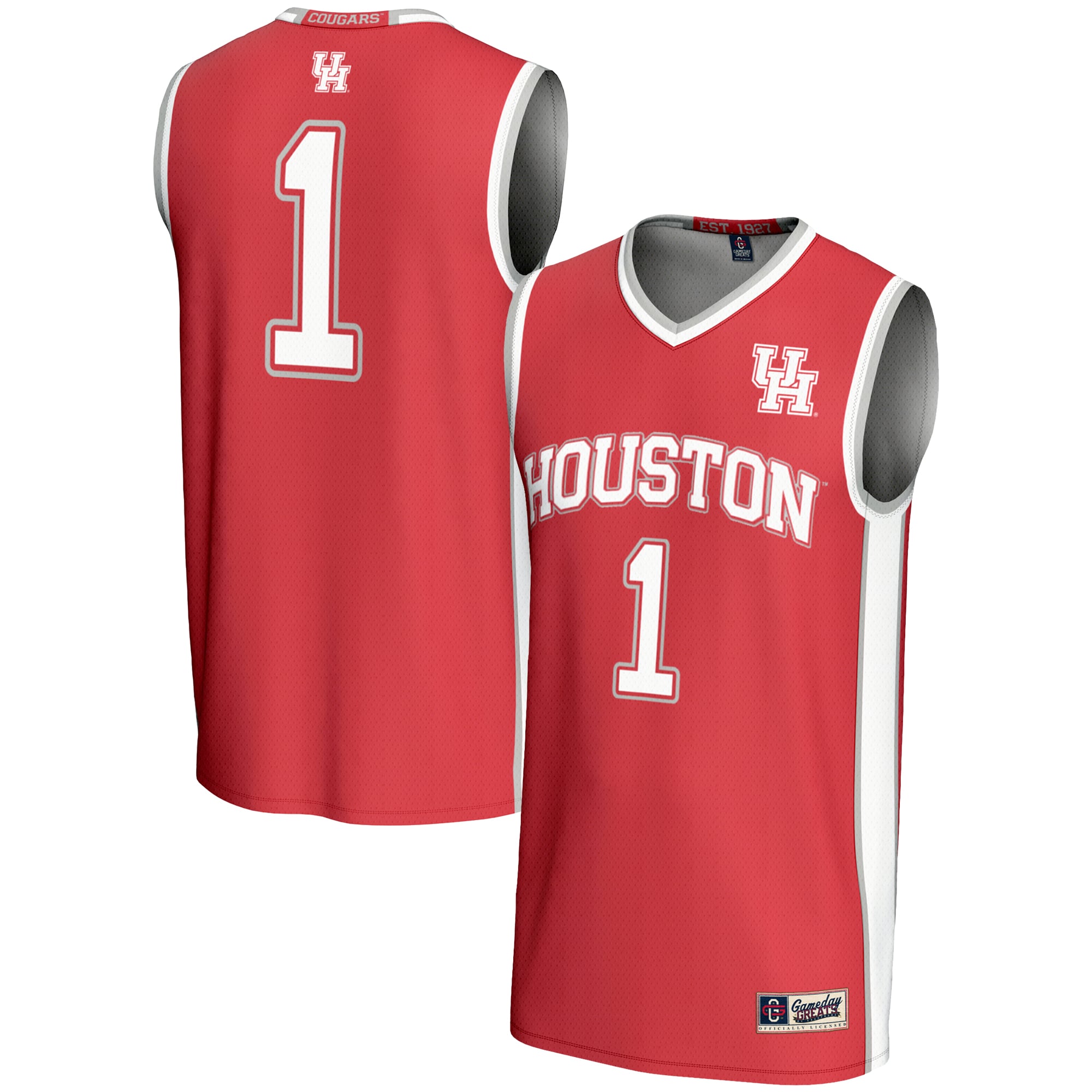 #1 Houston Cougars Lightweight Basketball Jersey Red - front and back view