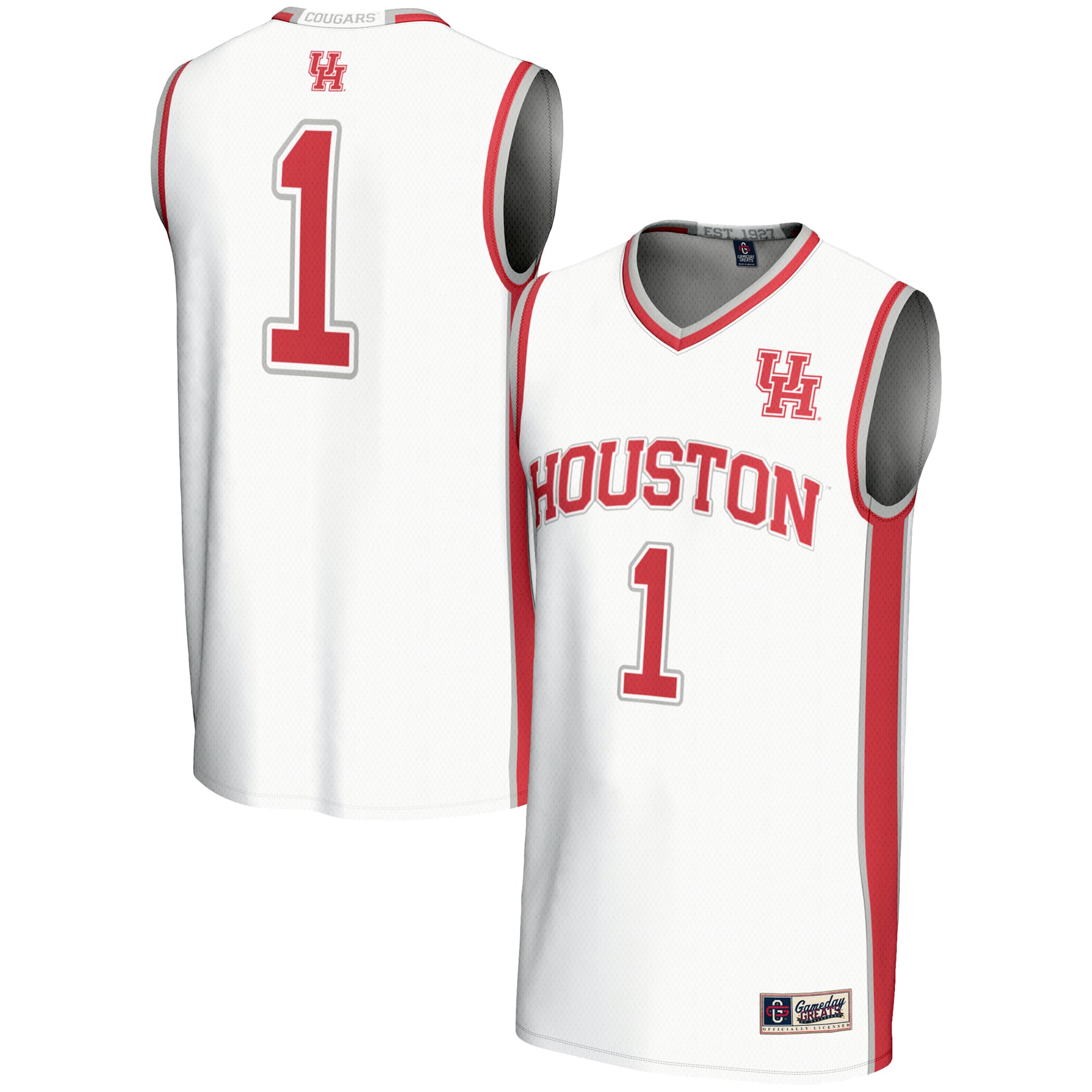 #1 Houston Cougars Youth Lightweight Basketball Jersey White - front and back view
