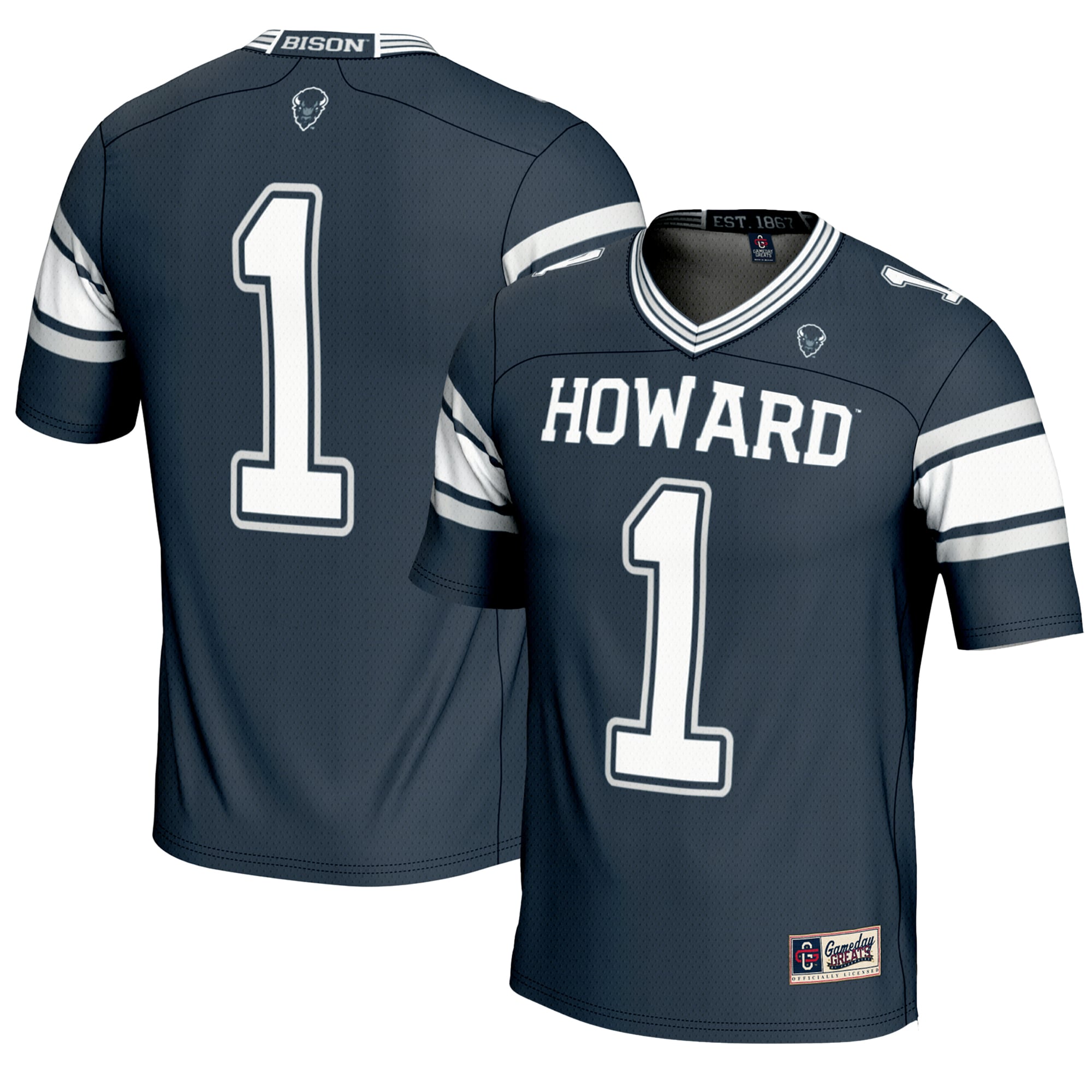 #1 Howard Bison Endzone Football Jersey Navy - front and back view