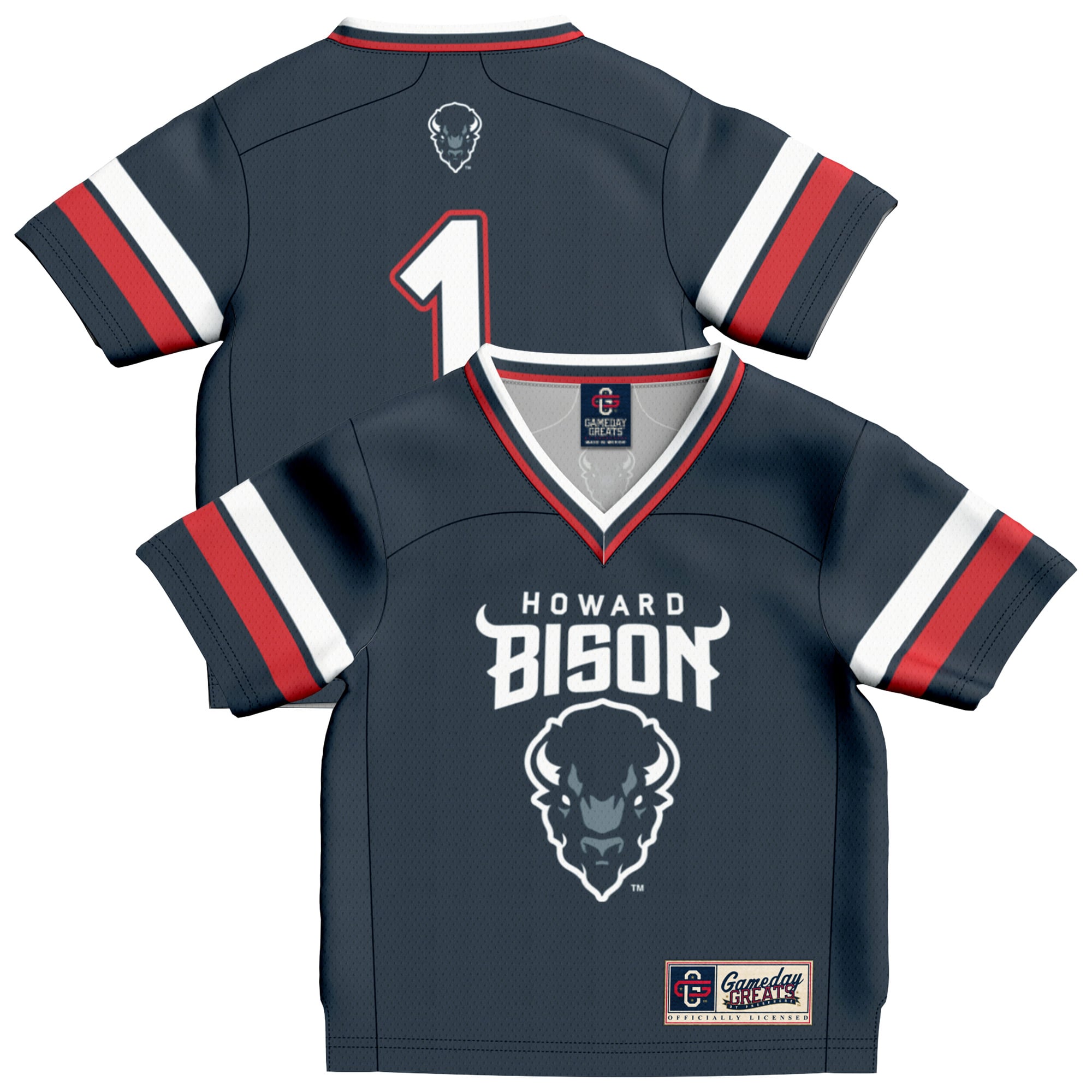 #1 Howard Bison Infant Collegiate Football Fashion Jersey Navy - front and back view