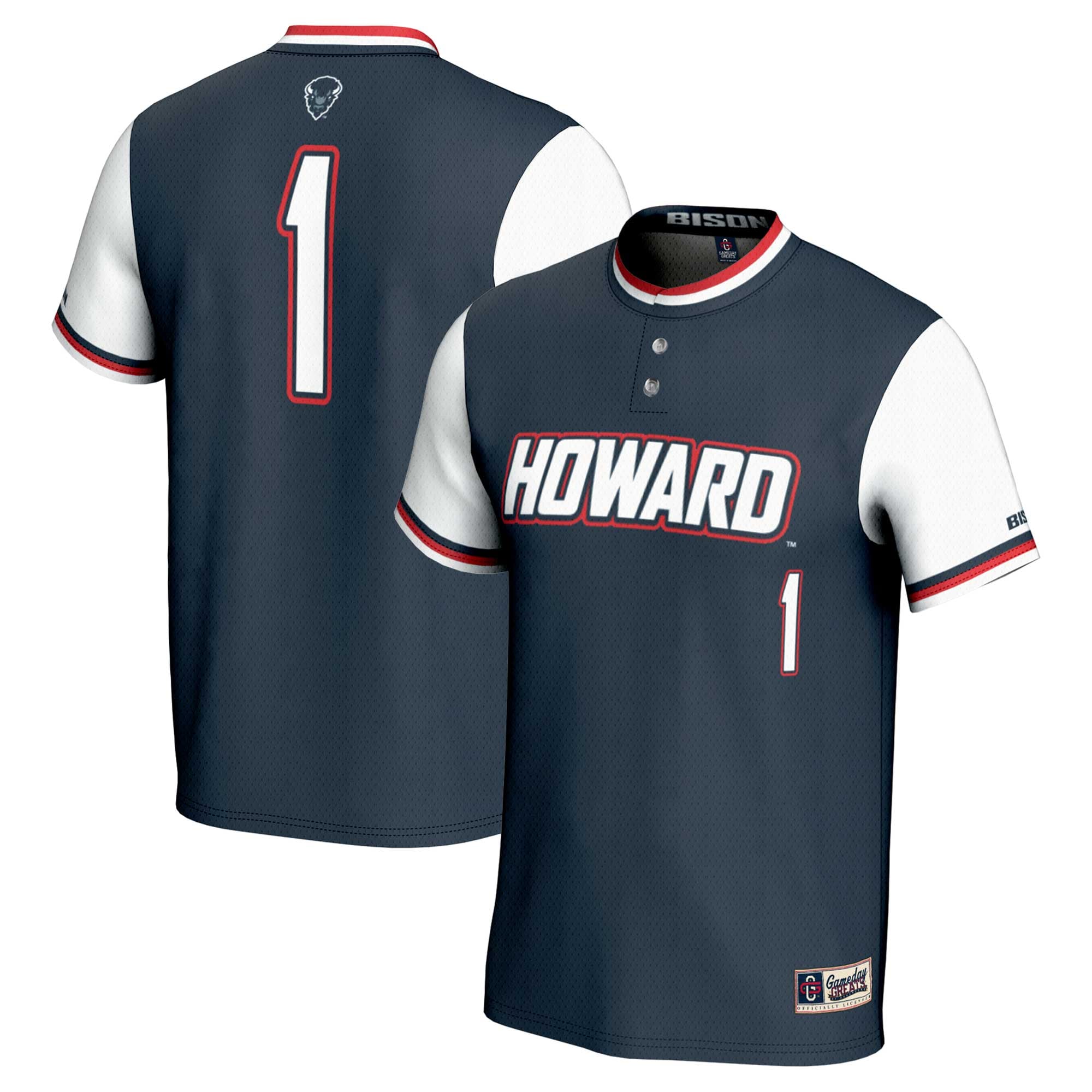 #1 Howard Bison Unisex Lightweight Softball Jersey Navy - front and back view