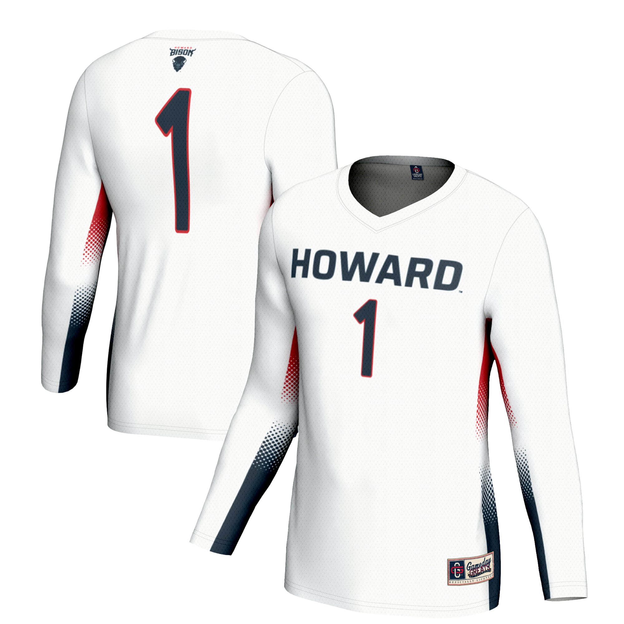 #1 Howard Bison Unisex Lightweight Volleyball Jersey White - front and back view