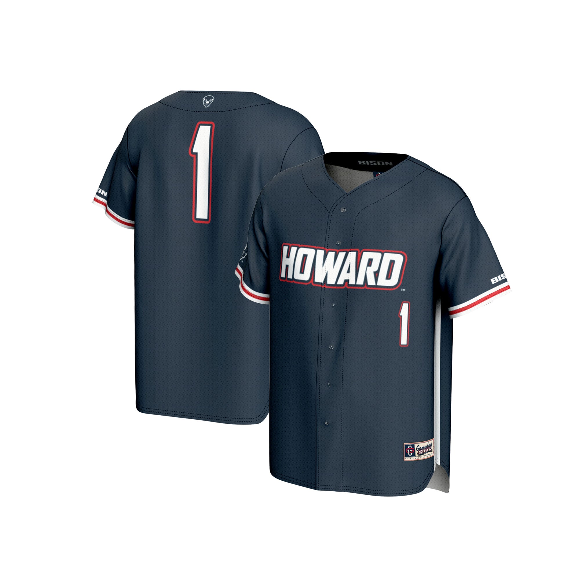 #1 Howard Bison Youth Lightweight Baseball Fashion Jersey Navy - front and back view