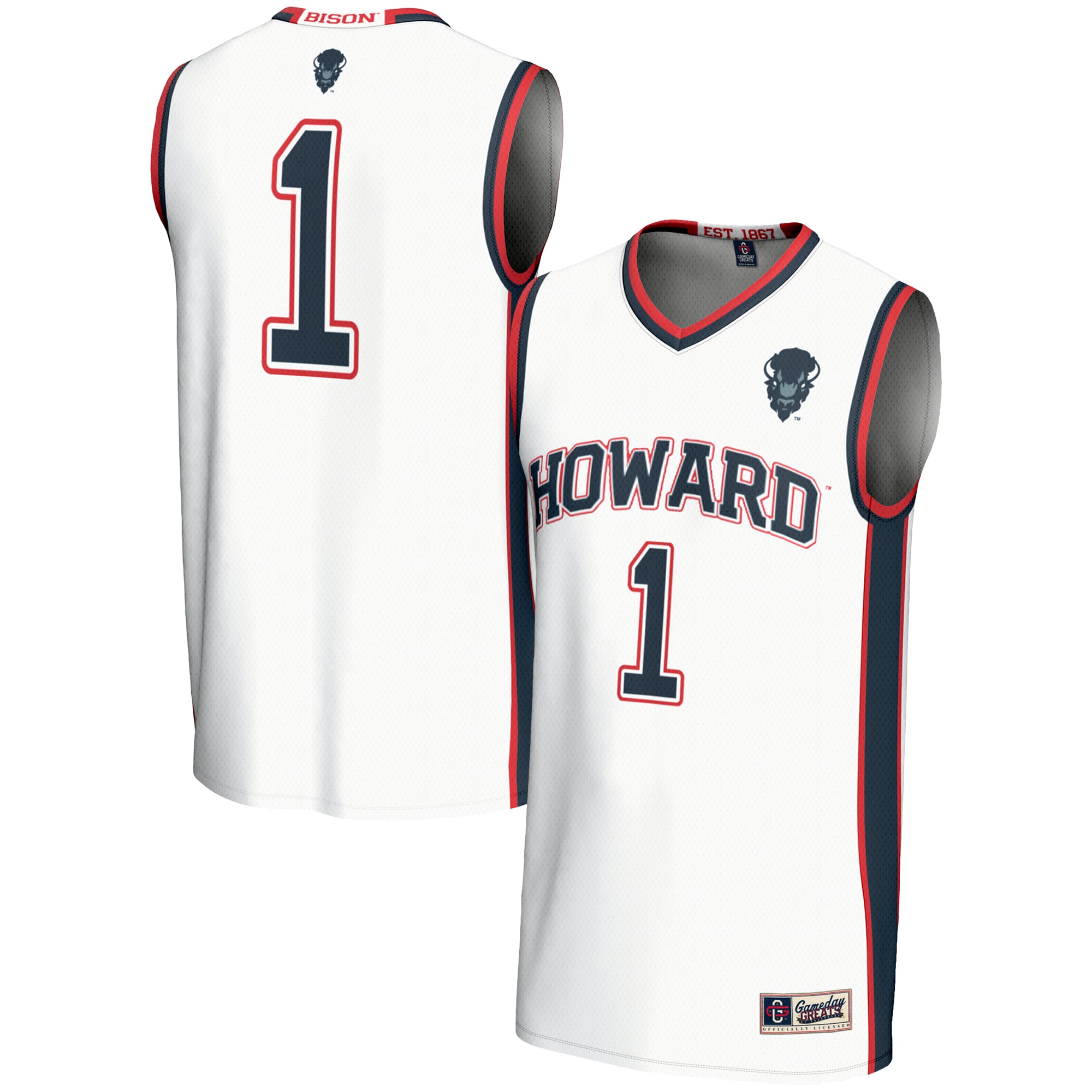 #1 Howard Bison Youth Lightweight Basketball Jersey White - front and back view
