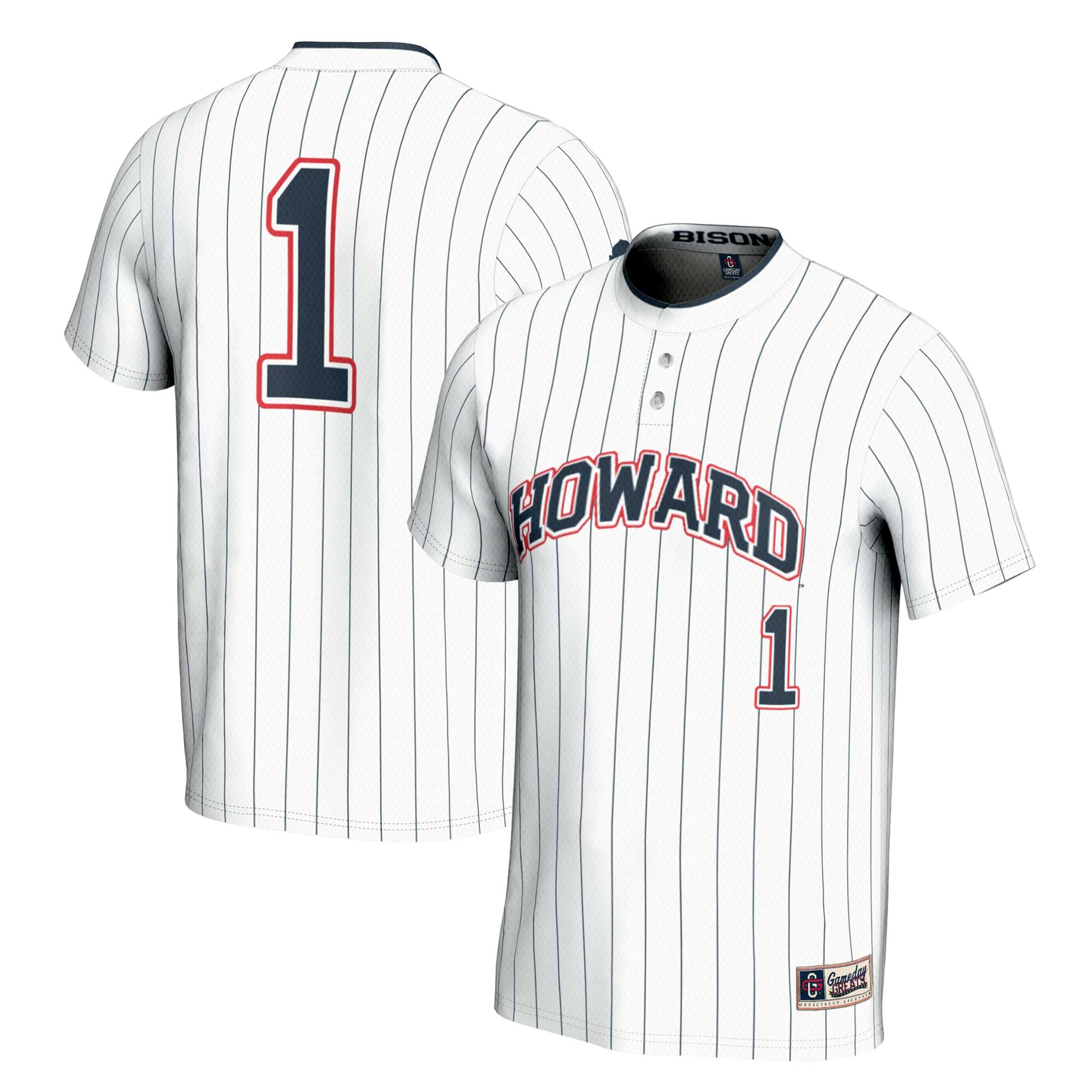 #1 Howard Bison Youth Lightweight Softball Jersey White - front and back view
