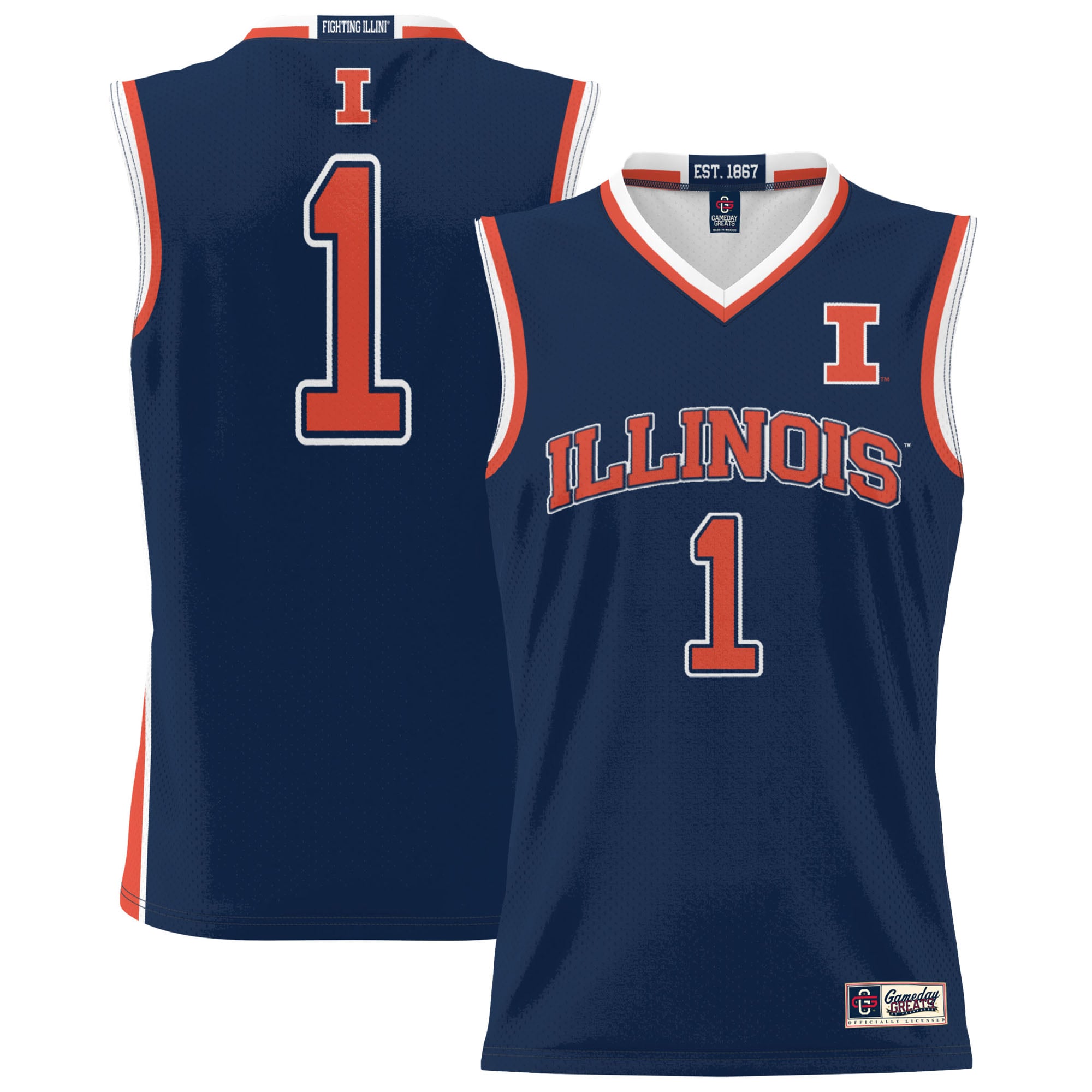 #1 Illinois Fighting Illini Unisex Lightweight Basketball Jersey Navy - front and back view