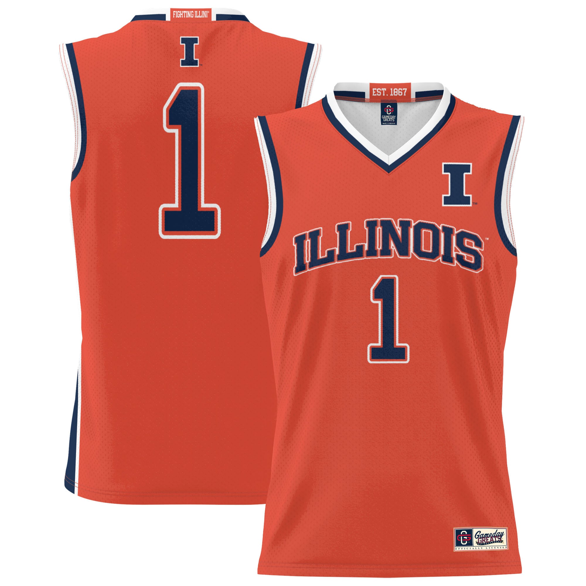#1 Illinois Fighting Illini Unisex Lightweight Basketball Jersey Orange - front and back view