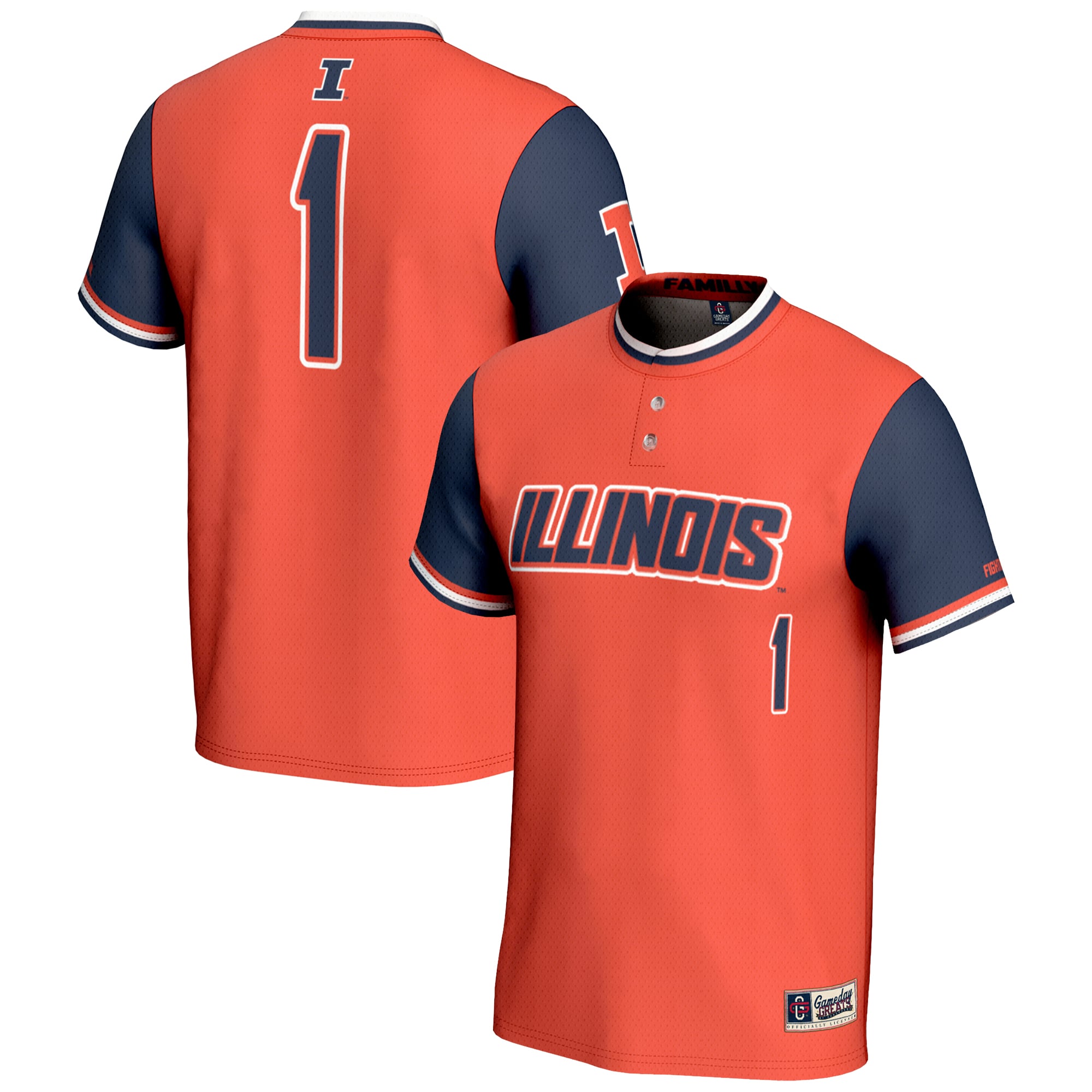 #1 Illinois Fighting Illini Unisex Lightweight Softball Jersey Orange - front and back view