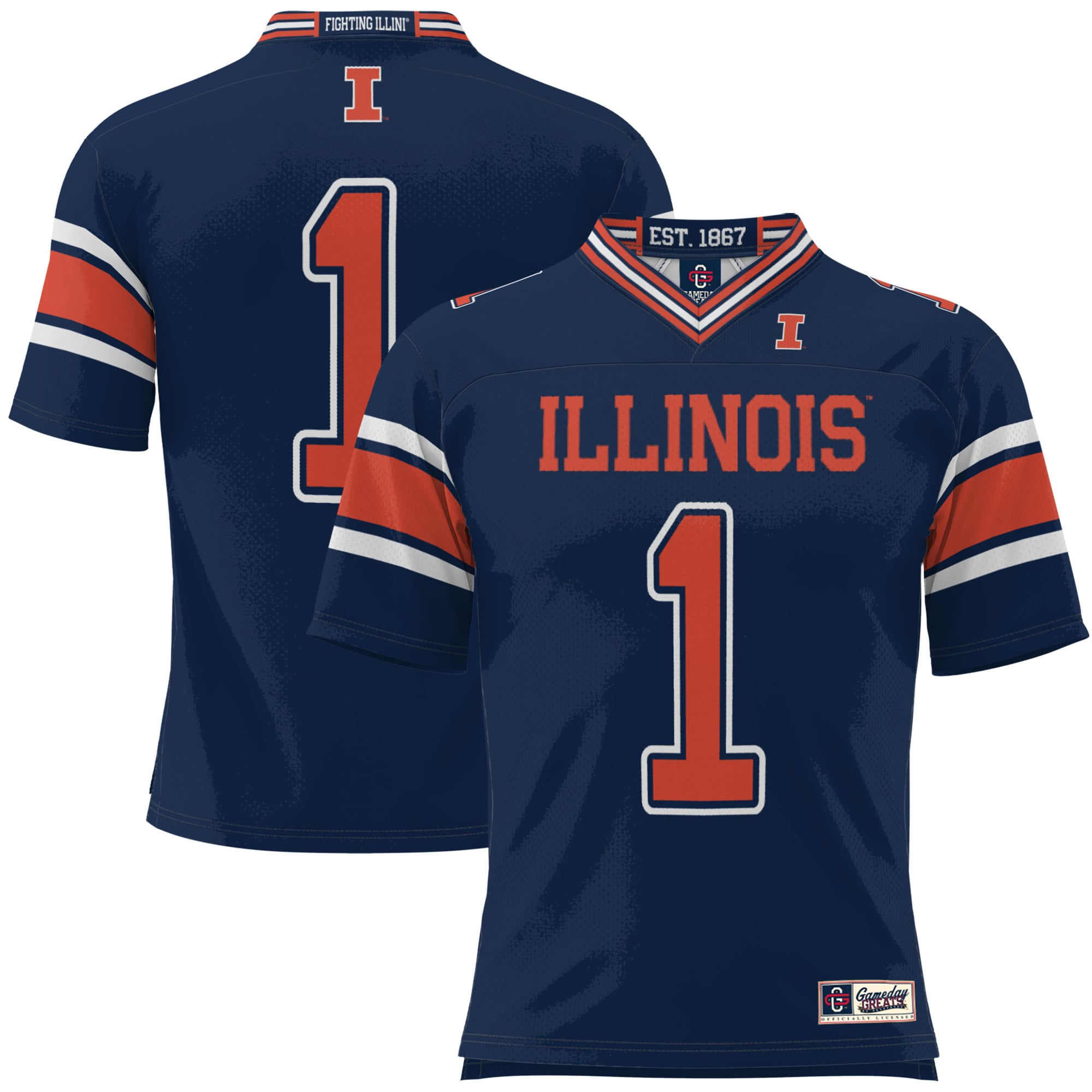 #1 Illinois Fighting Illini Youth Football Jersey Navy - front and back view
