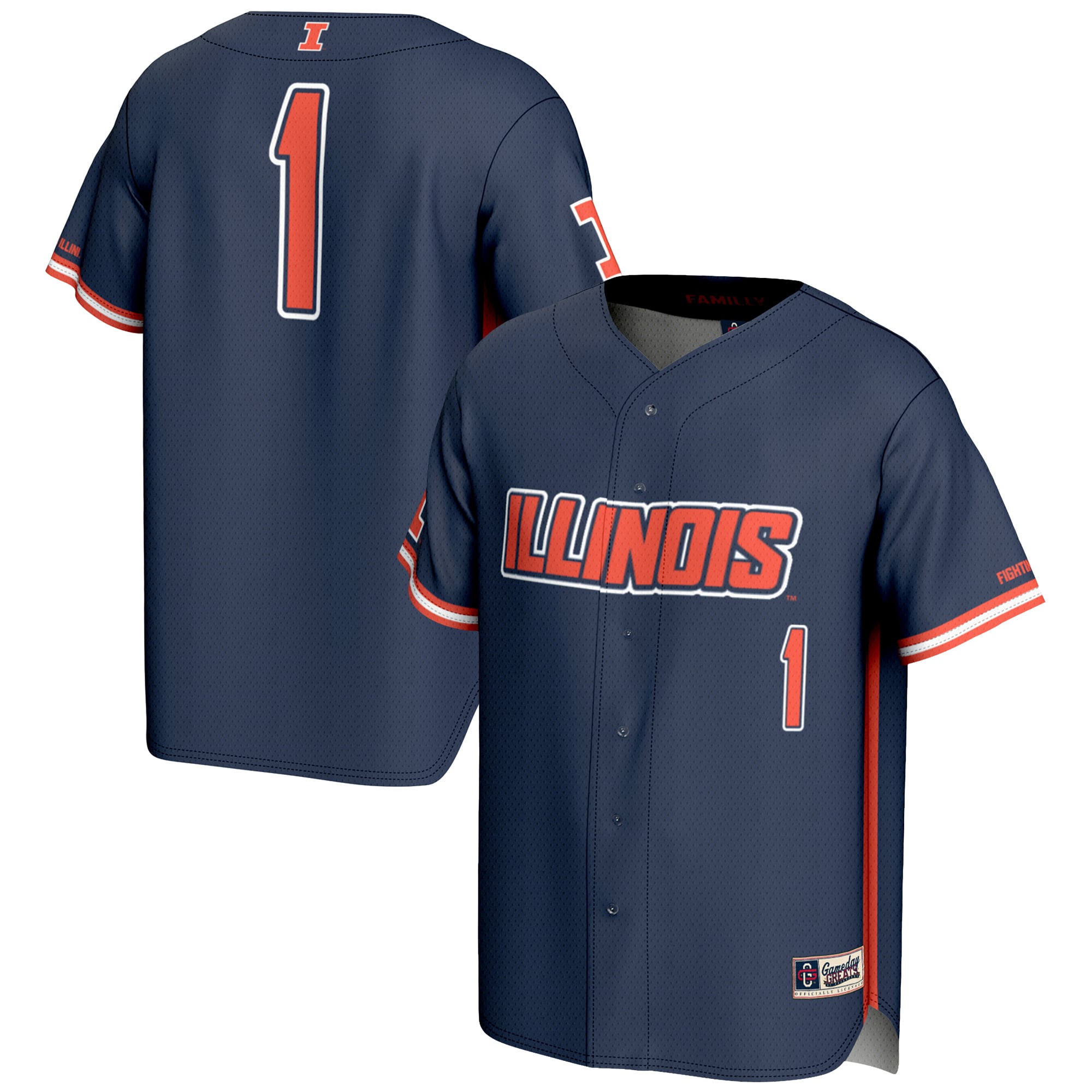 #1 Illinois Fighting Illini Youth Lightweight Baseball Jersey Navy - front and back view