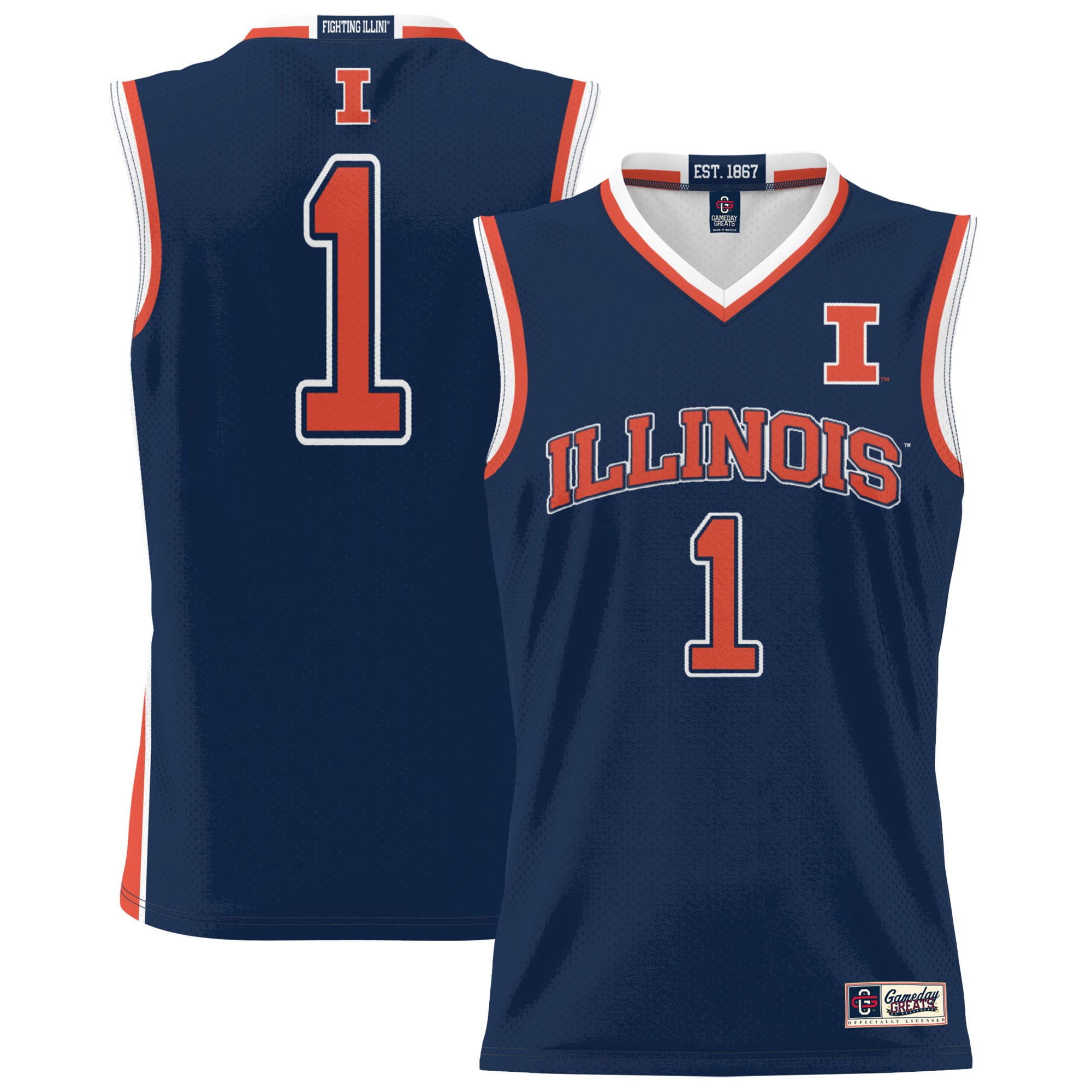 #1 Illinois Fighting Illini Youth Lightweight Basketball Jersey Navy - front and back view