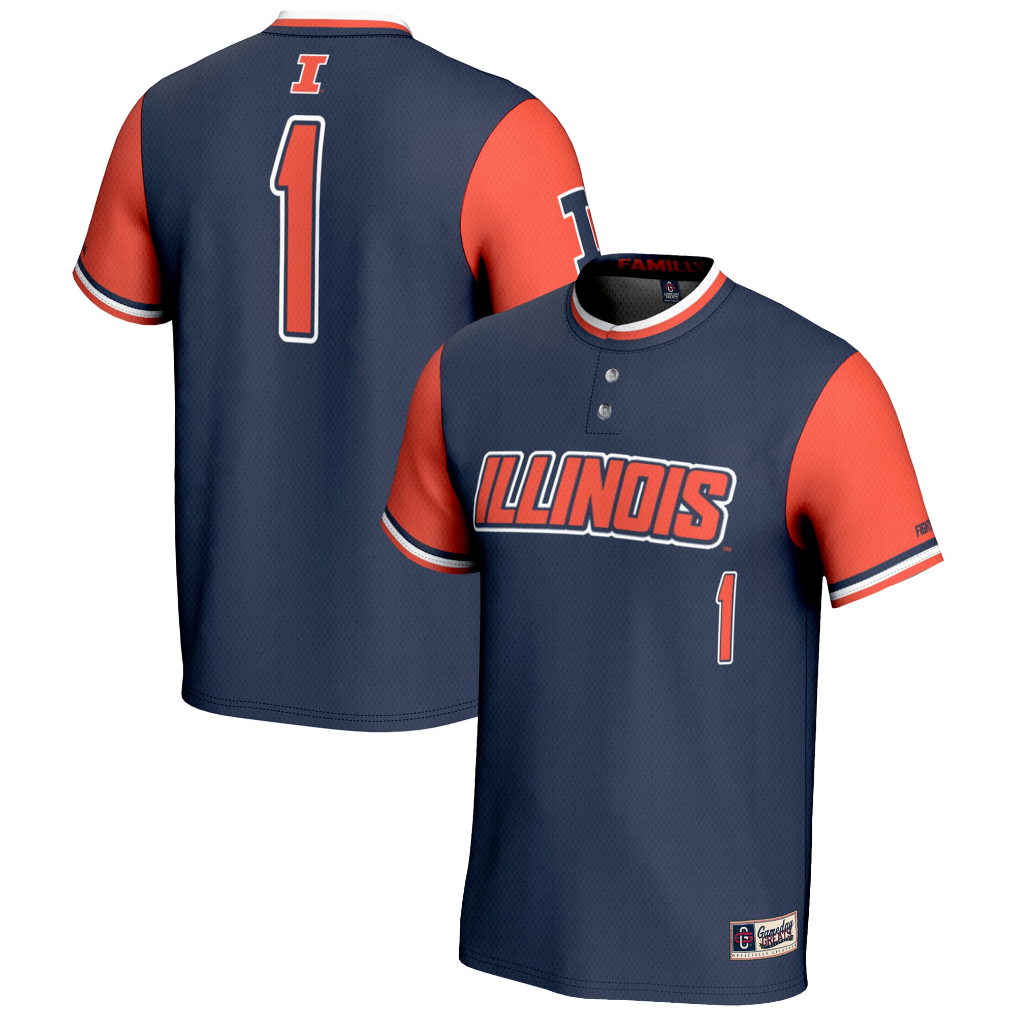 #1 Illinois Fighting Illini Youth Lightweight Softball Jersey Navy - front and back view