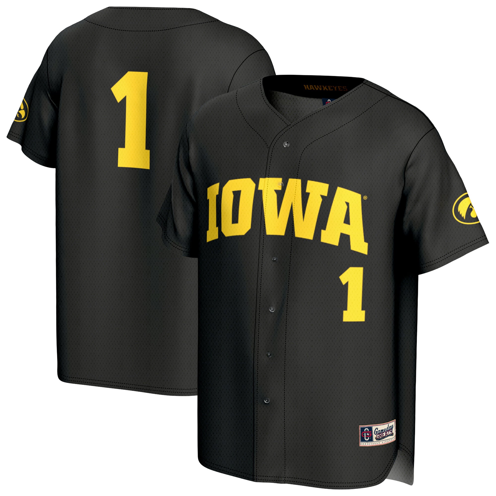 Iowa Hawkeyes Unisex Lightweight Collegiate Baseball Fashion Jersey Black - front and back view
