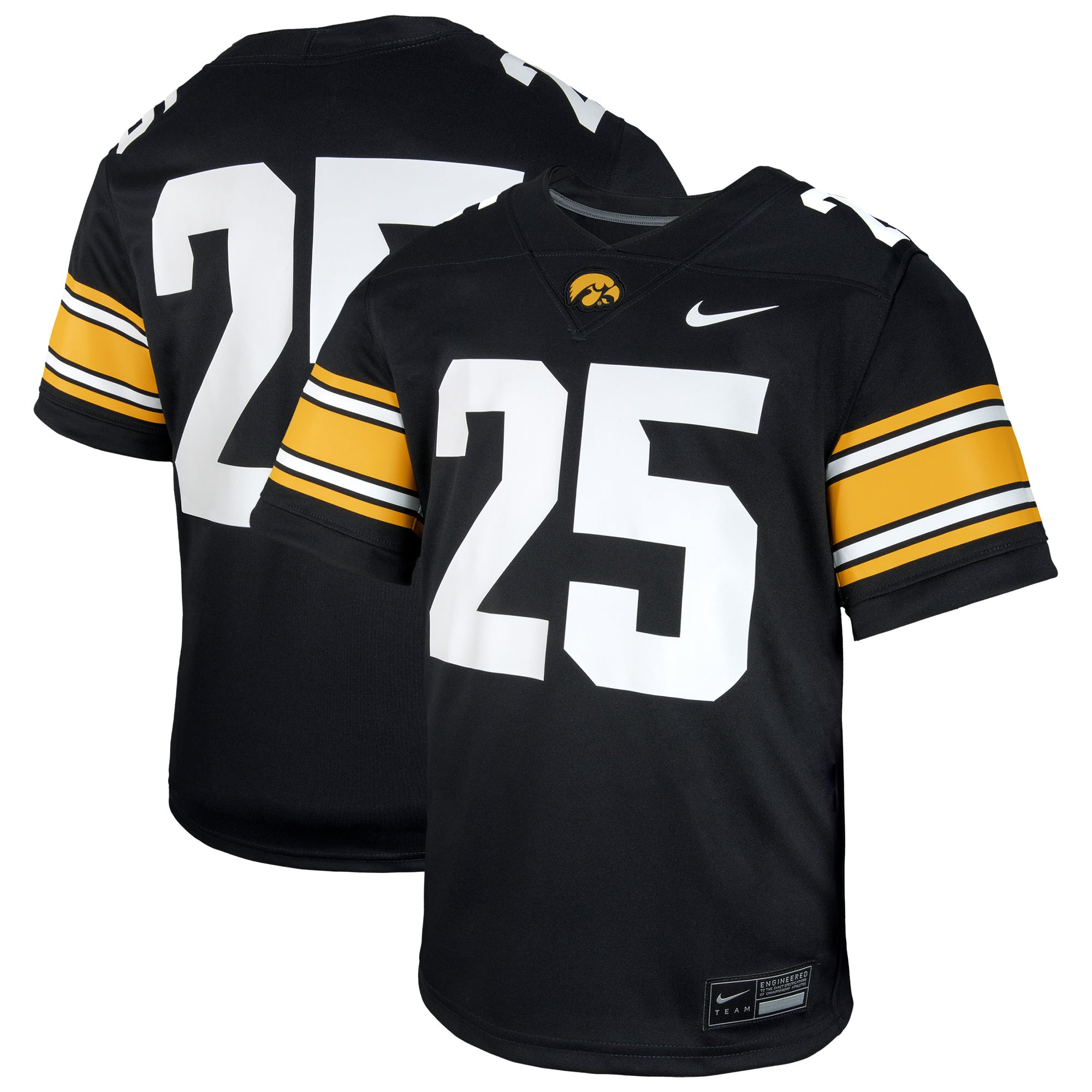 #25 Iowa Hawkeyes Youth Jersey Black - front and back view
