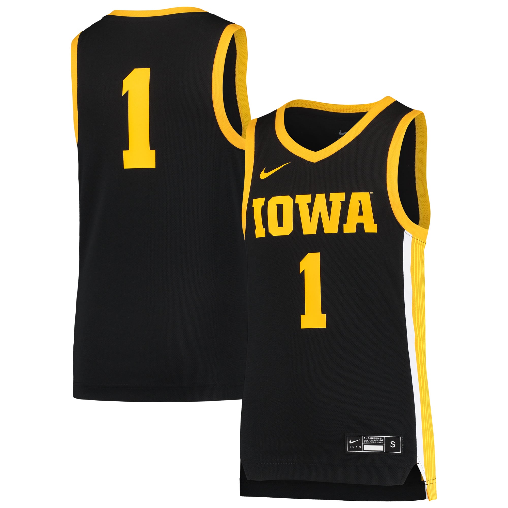 #1 Iowa Hawkeyes Youth Team Basketball Jersey Black - front and back view