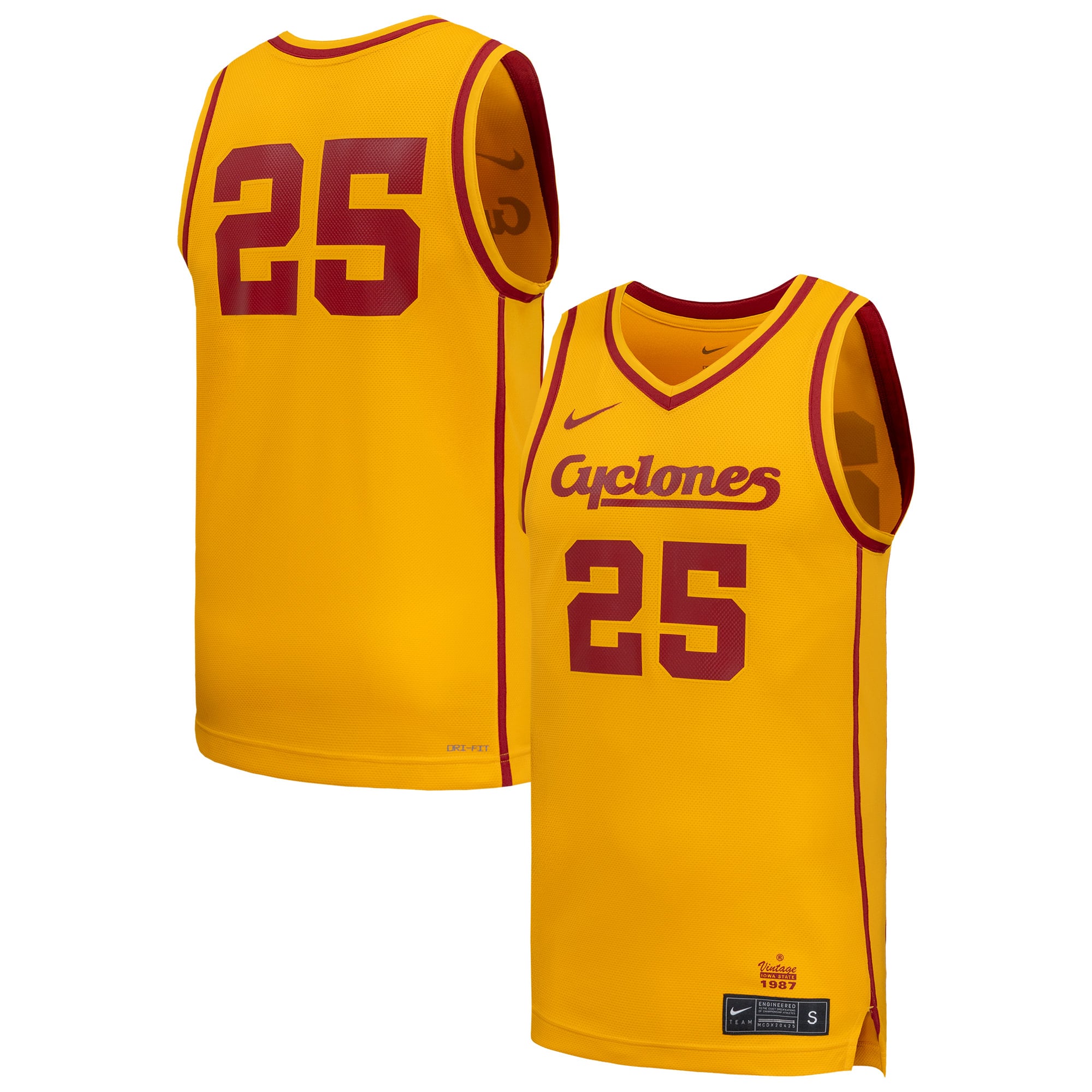 #25 Iowa State Cyclones Basketball Jersey Gold - front and back view